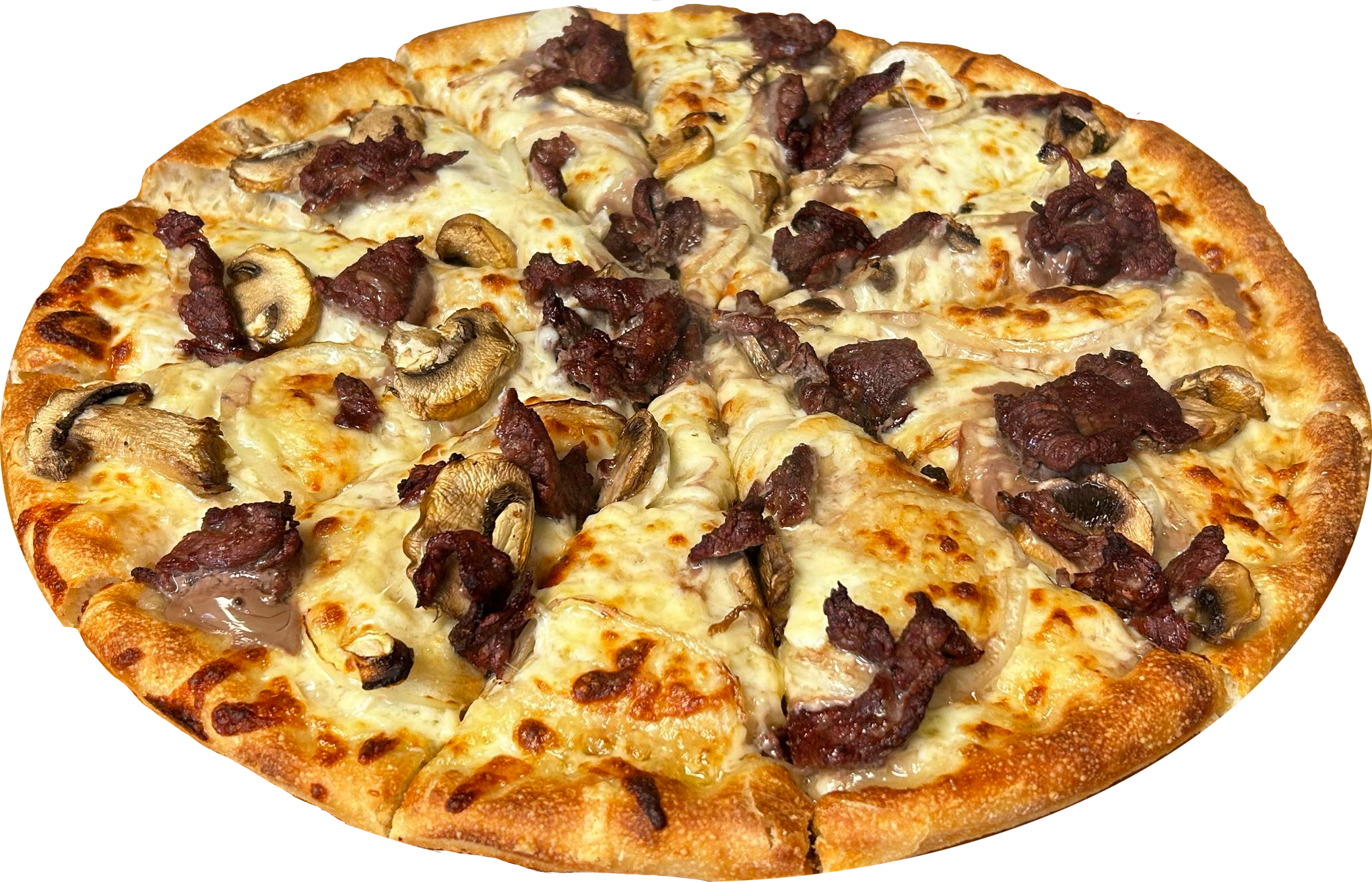 Close-up of a pizza topped with cheese, mushrooms, beef, and possibly bacon, on a golden crust.