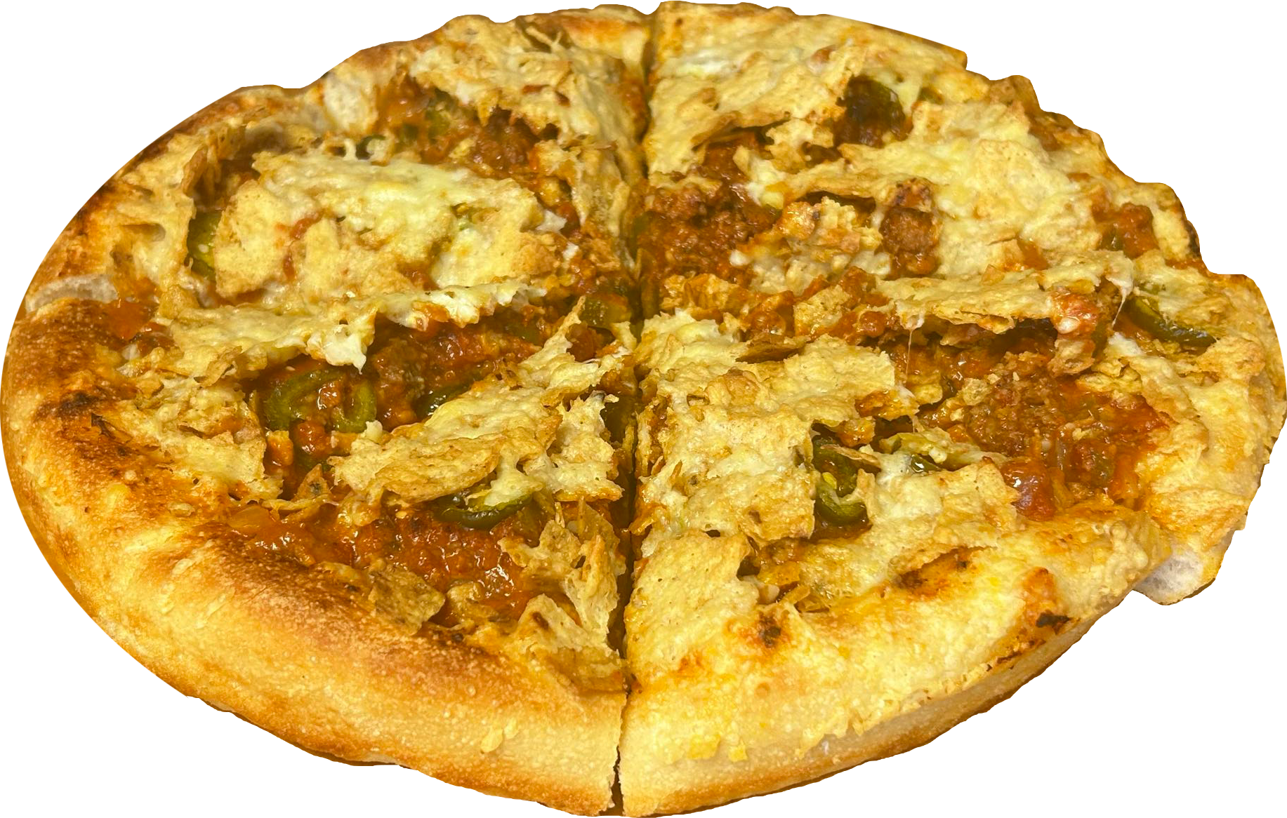 Close-up of a sliced pizza with ground meat, green peppers, and cheese on a golden crust.