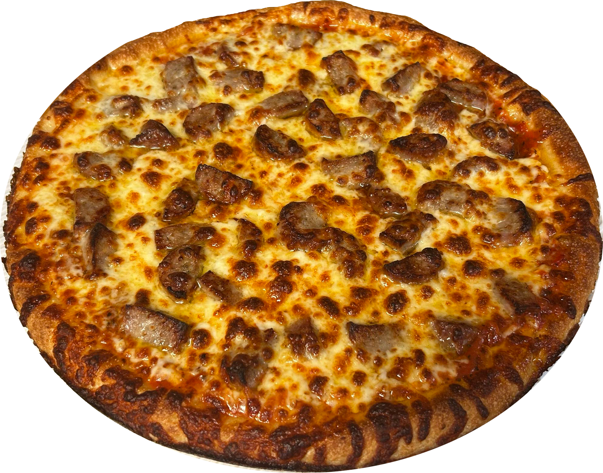 Close-up view of a cheese and sausage pizza with a golden crust.
