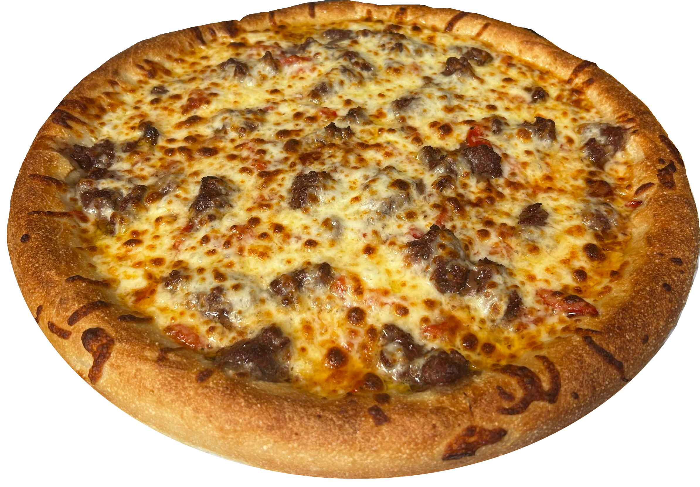 A pizza with a golden crust, topped with melted cheese and small pieces of cooked sausage.