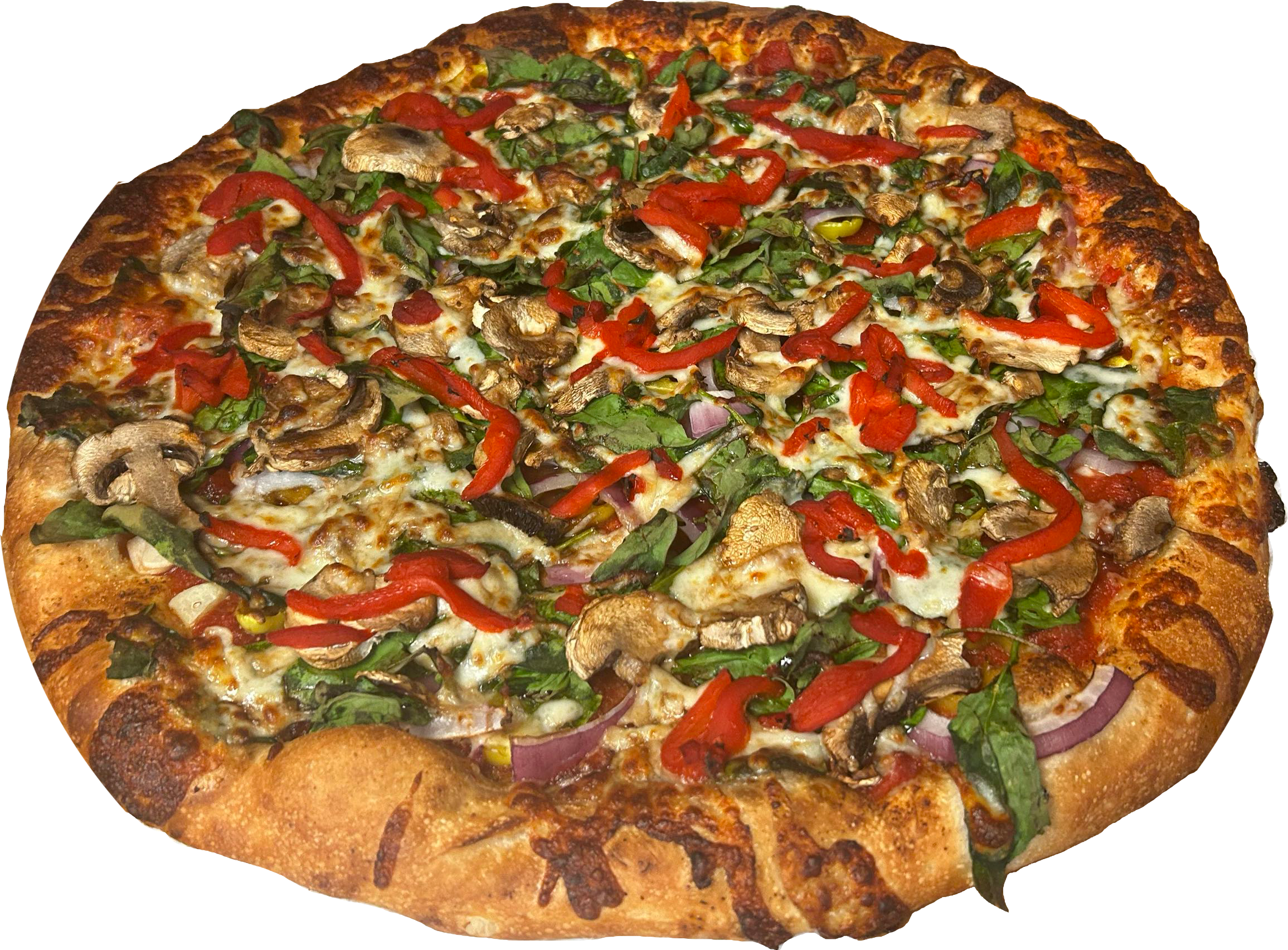 A close-up of a large pizza with toppings including red bell peppers, mushrooms, black olives, spinach, red onions, and cheese on a thick crust.