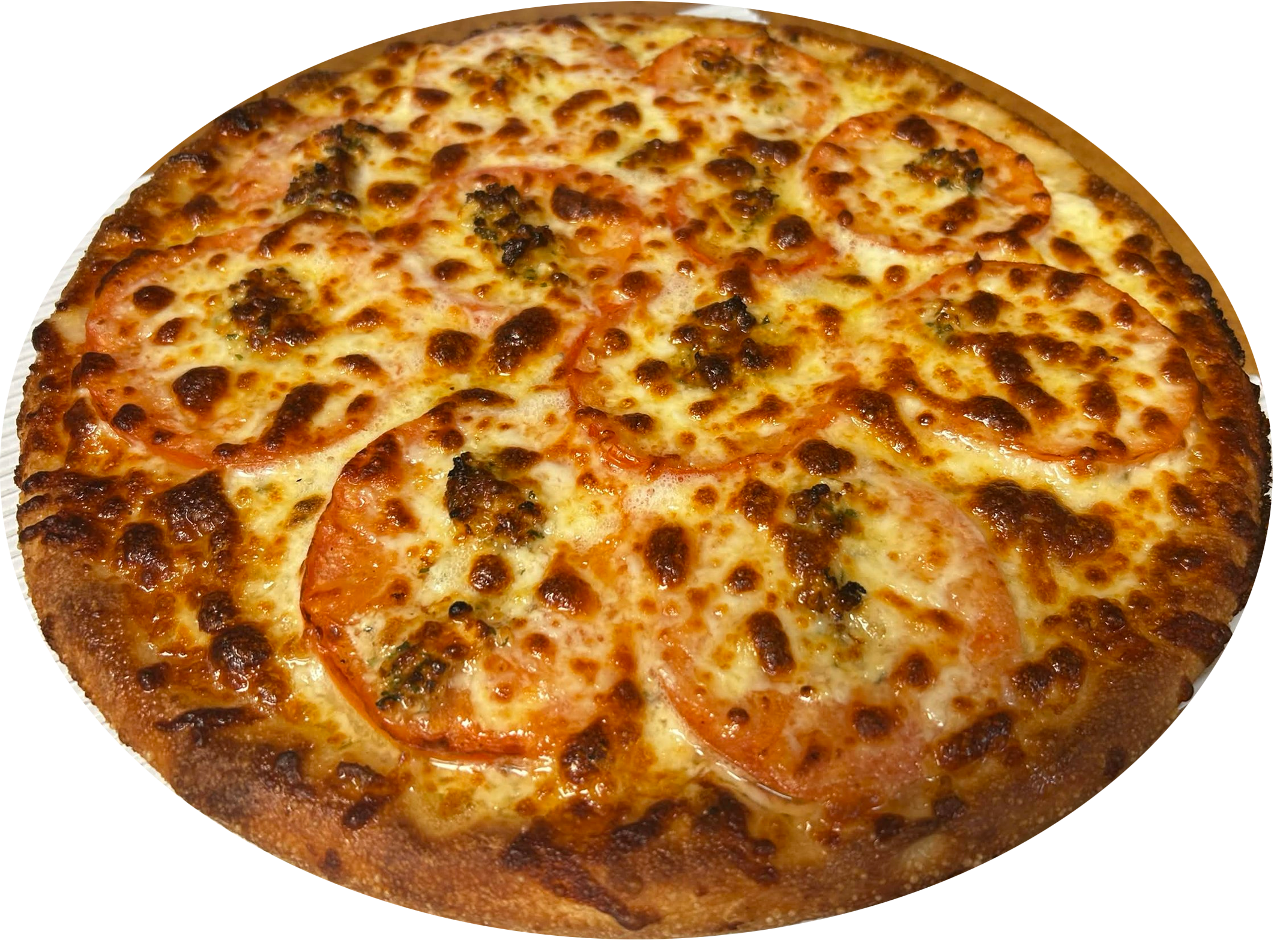 A close-up view of a pepperoni and sausage pizza with cheese and a slightly browned crust.