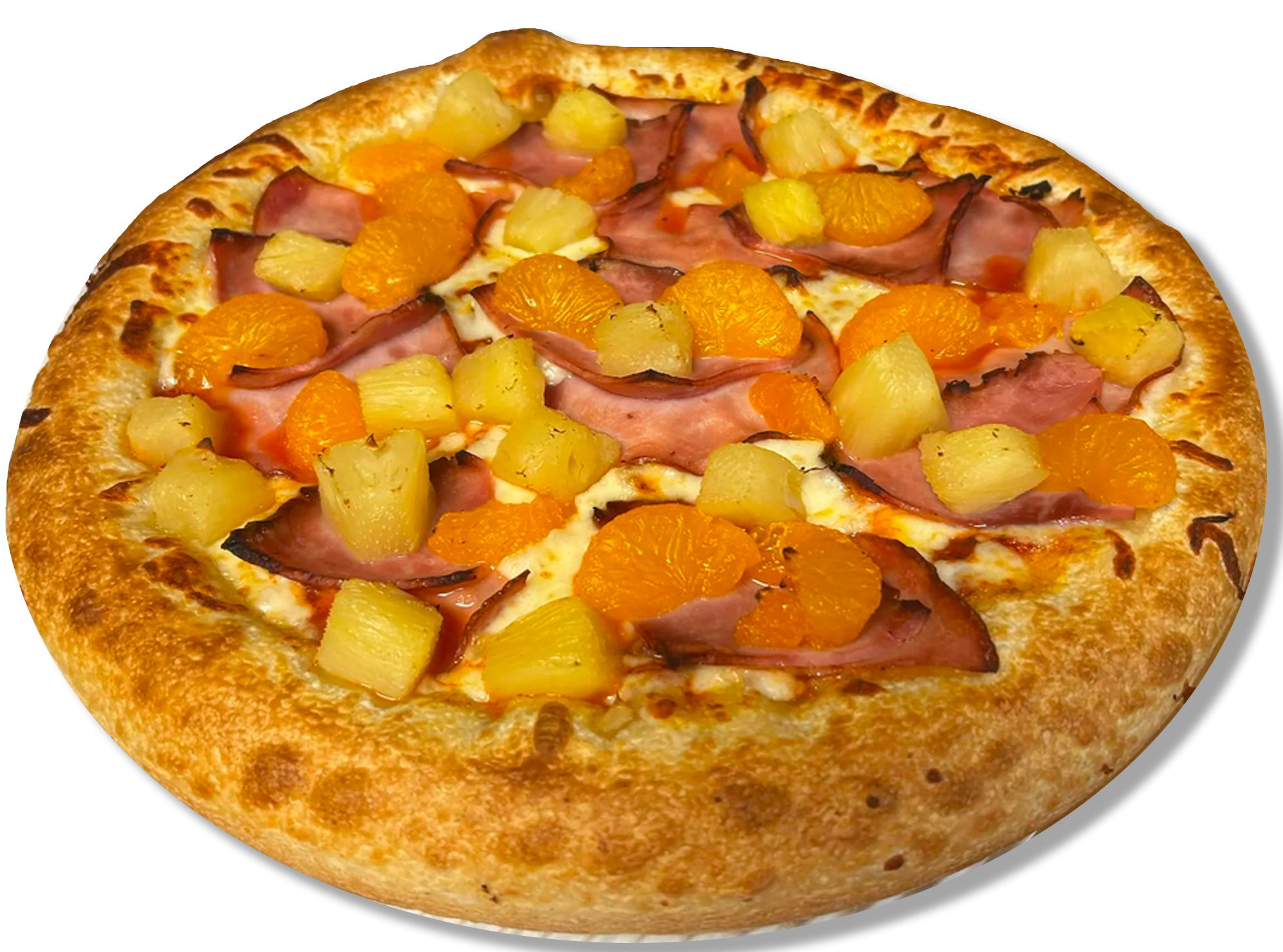A close-up of a Hawaiian pizza topped with pineapple chunks, ham, orange slices, and a golden crust.