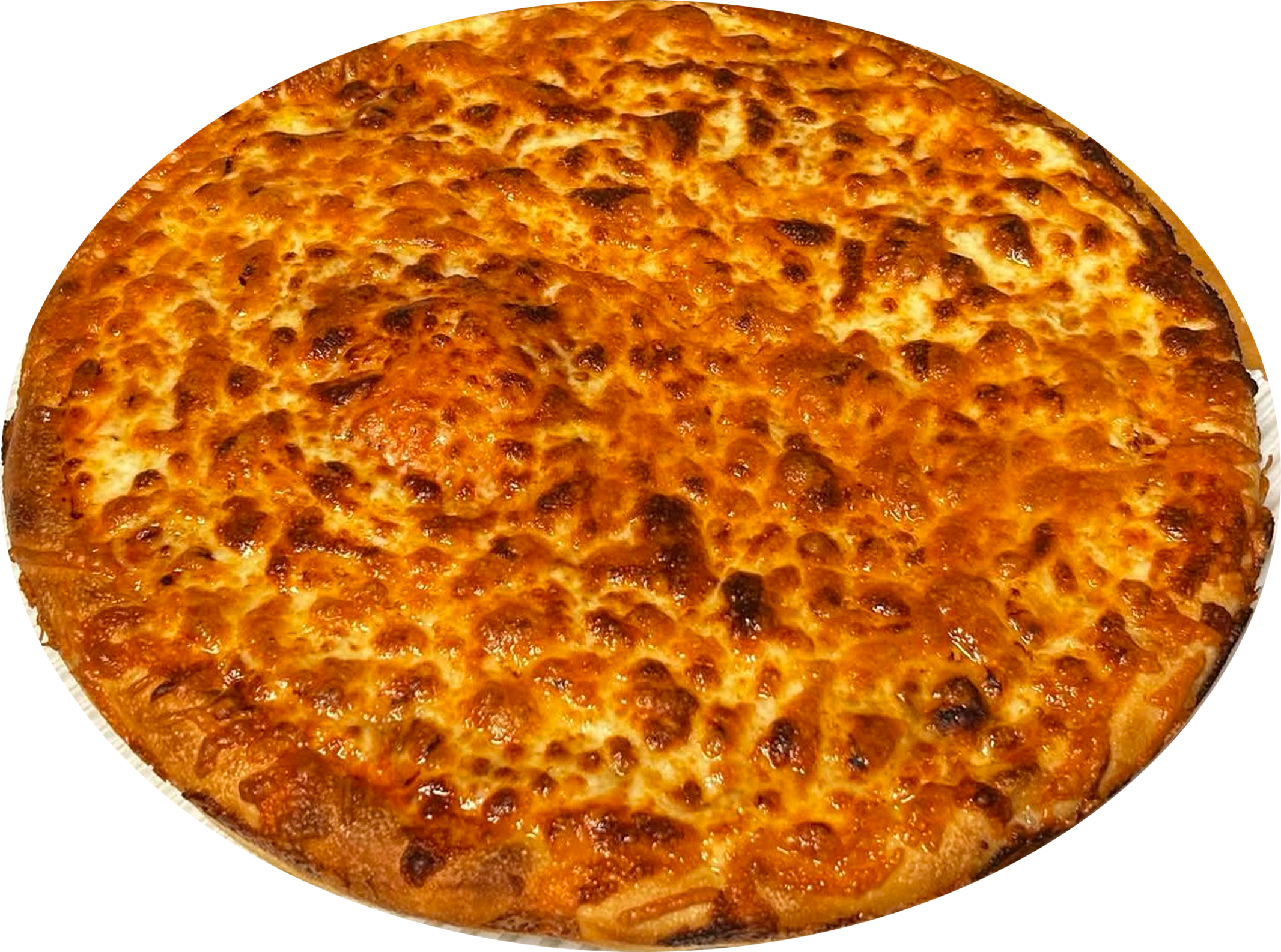 A large, round cheese pizza with a golden, crispy crust and melted cheese on top.