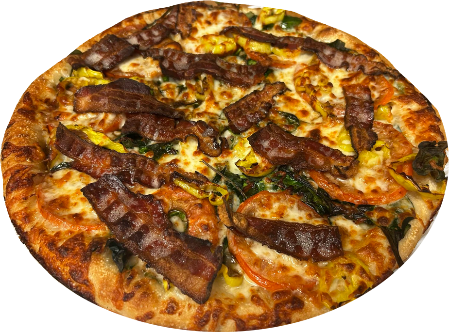 Close-up of a bacon and vegetable pizza with cheese, tomatoes, peppers, and leafy greens.