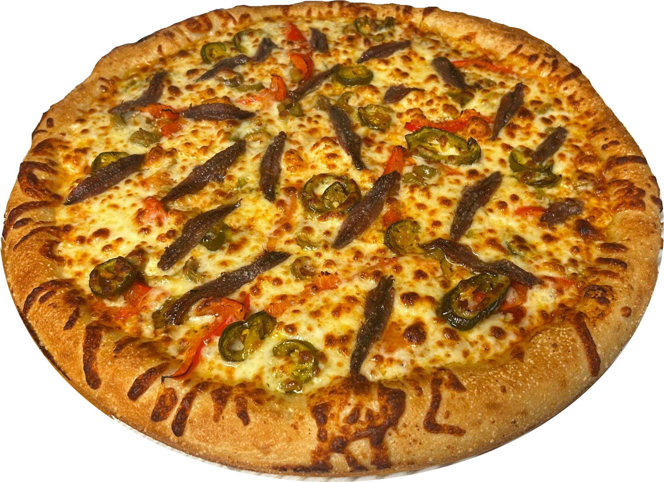 A whole cheese pizza topped with jalapeños, red peppers, and strips of seasoned beef.