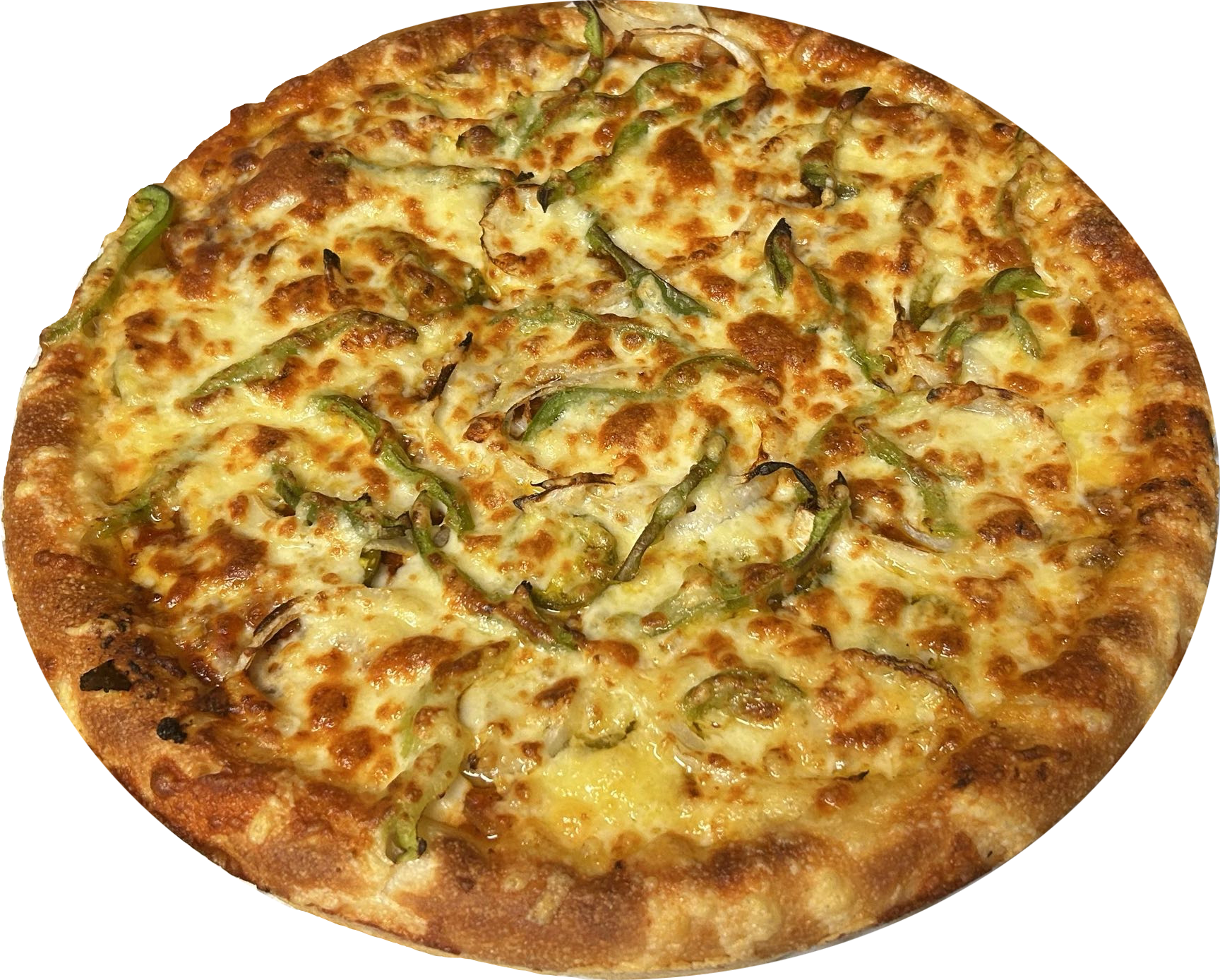 Close-up of a cheese pizza topped with sliced green peppers.