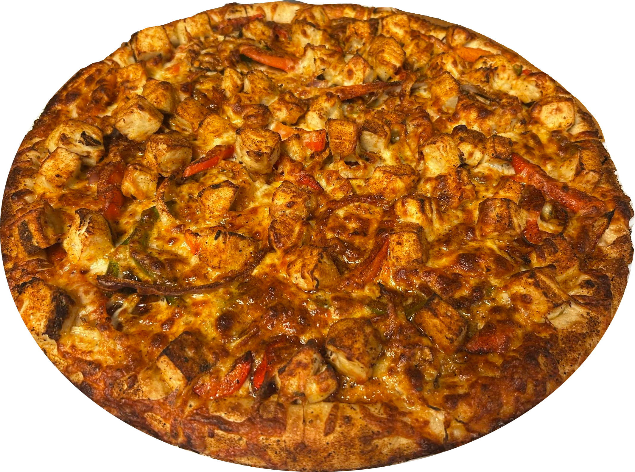 A close-up of a cooked pizza with toppings including chicken, red bell peppers, mushrooms, and cheese.