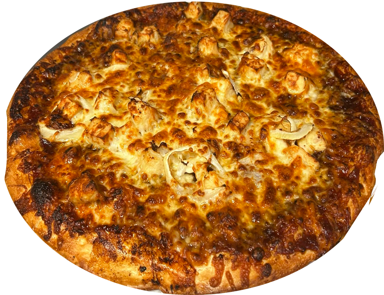 A large pizza with cheese and chicken toppings.