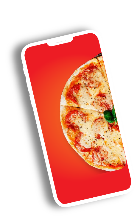 Smartphone screen displaying a pizza slice with cheese and pepperoni on a red background.