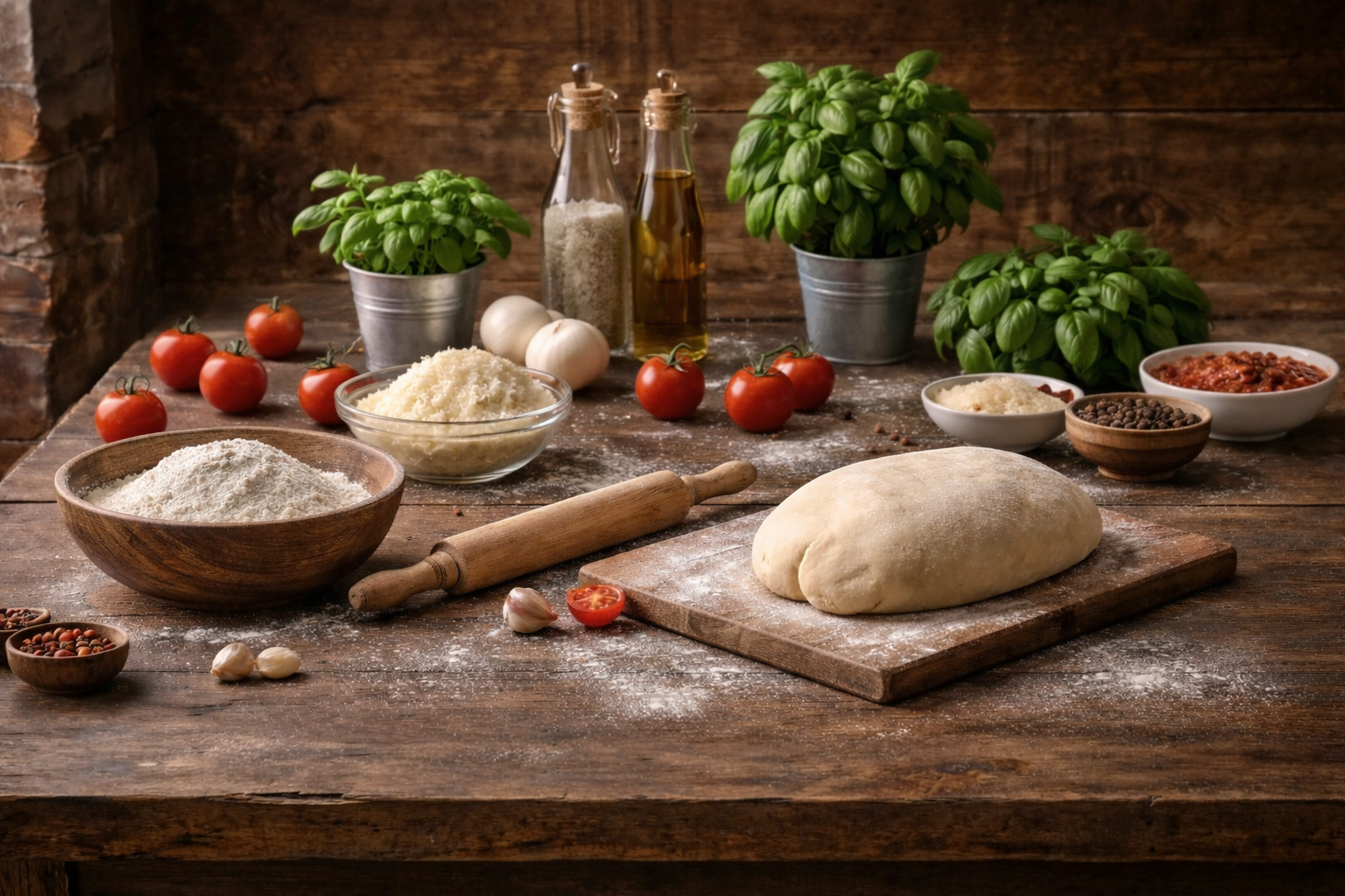 A wooden table with fresh basil, tomatoes, garlic, flour, grated cheese, olive oil, and pizza toppings, ready for making pizza dough.