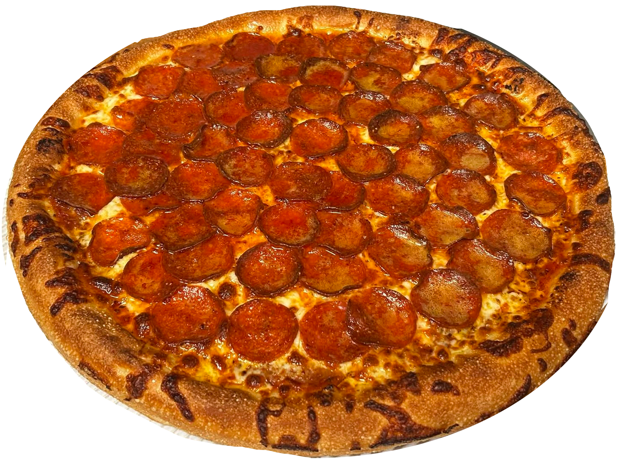 A large pepperoni pizza with a golden brown crust, topped with evenly distributed slices of pepperoni and melted cheese.