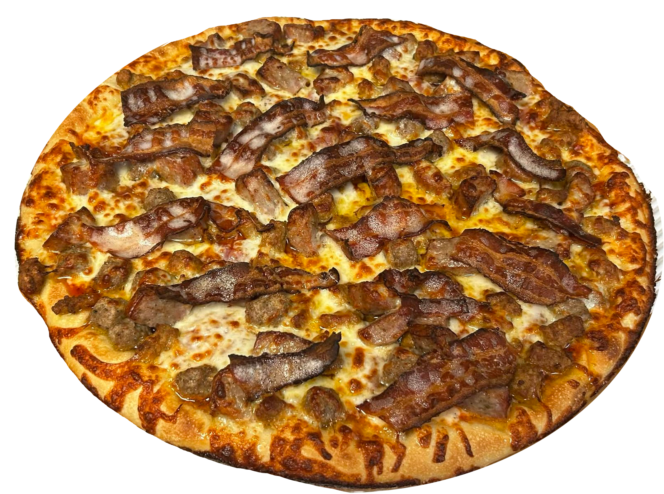 Close-up of a pepperoni and bacon pizza with melted cheese on a crispy crust.