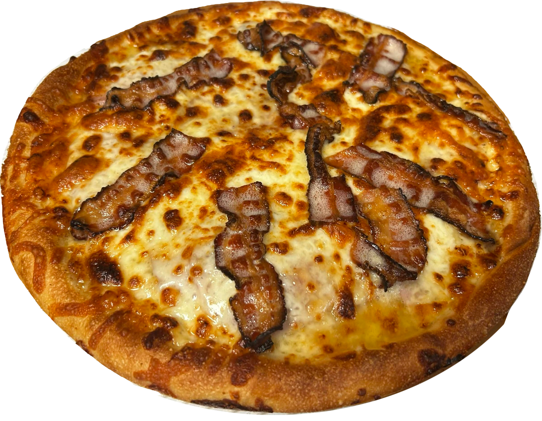 Cheese and bacon pizza with a golden crust.