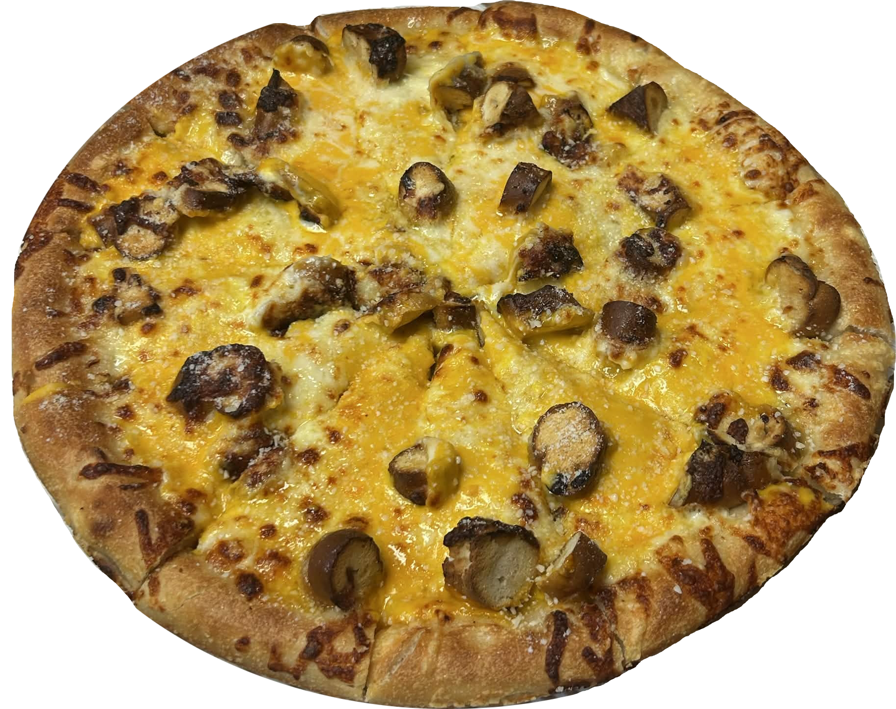 A cheese pizza topped with sliced black olives and mushroom pieces on a golden-brown crust.