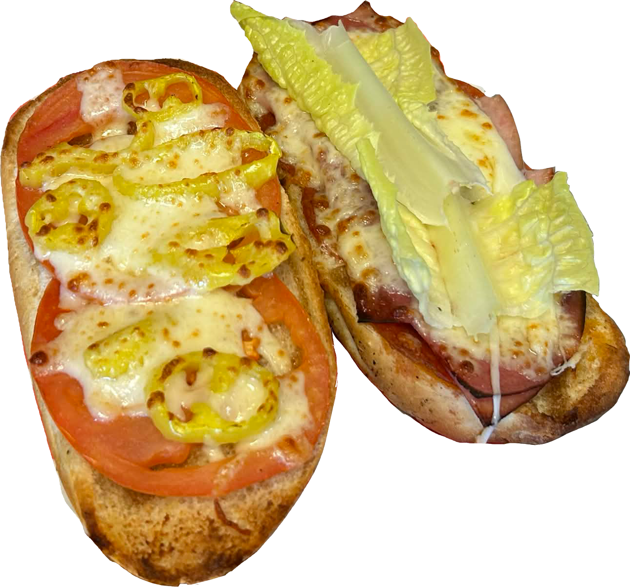 Two open-faced sandwiches on toasted bread with cheese, tomato, green bell peppers, and lettuce.