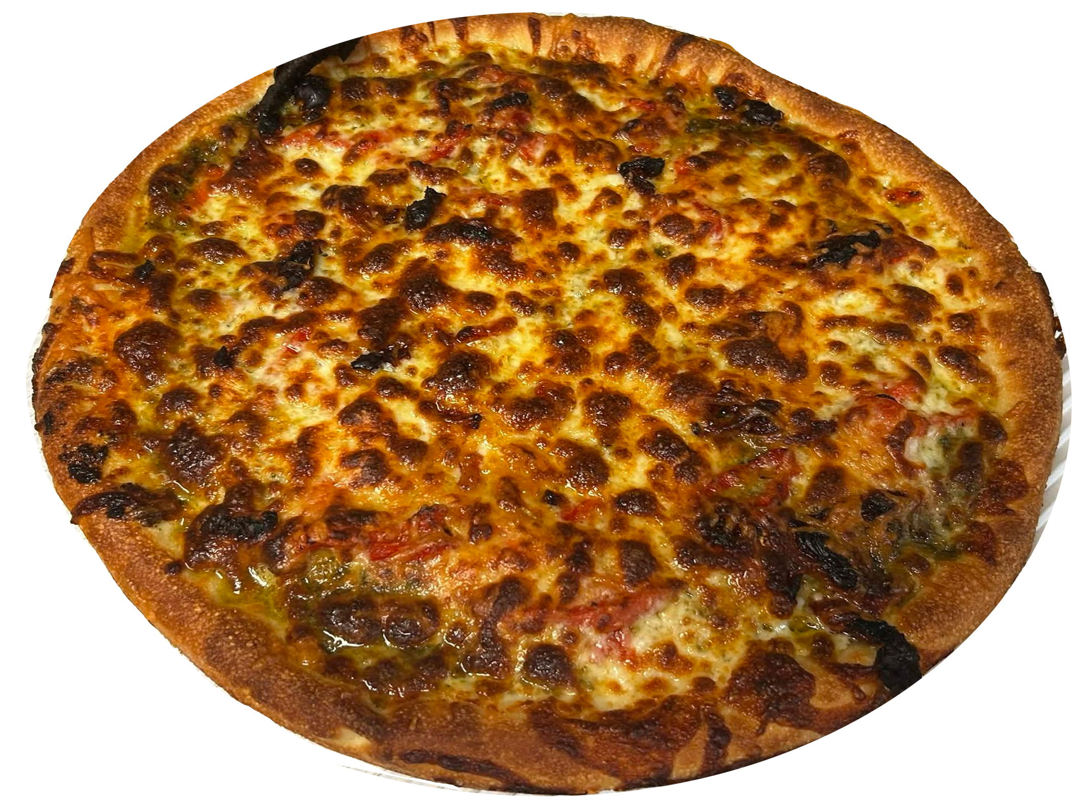 A whole pepperoni and sausage pizza with melted cheese and a golden brown crust.
