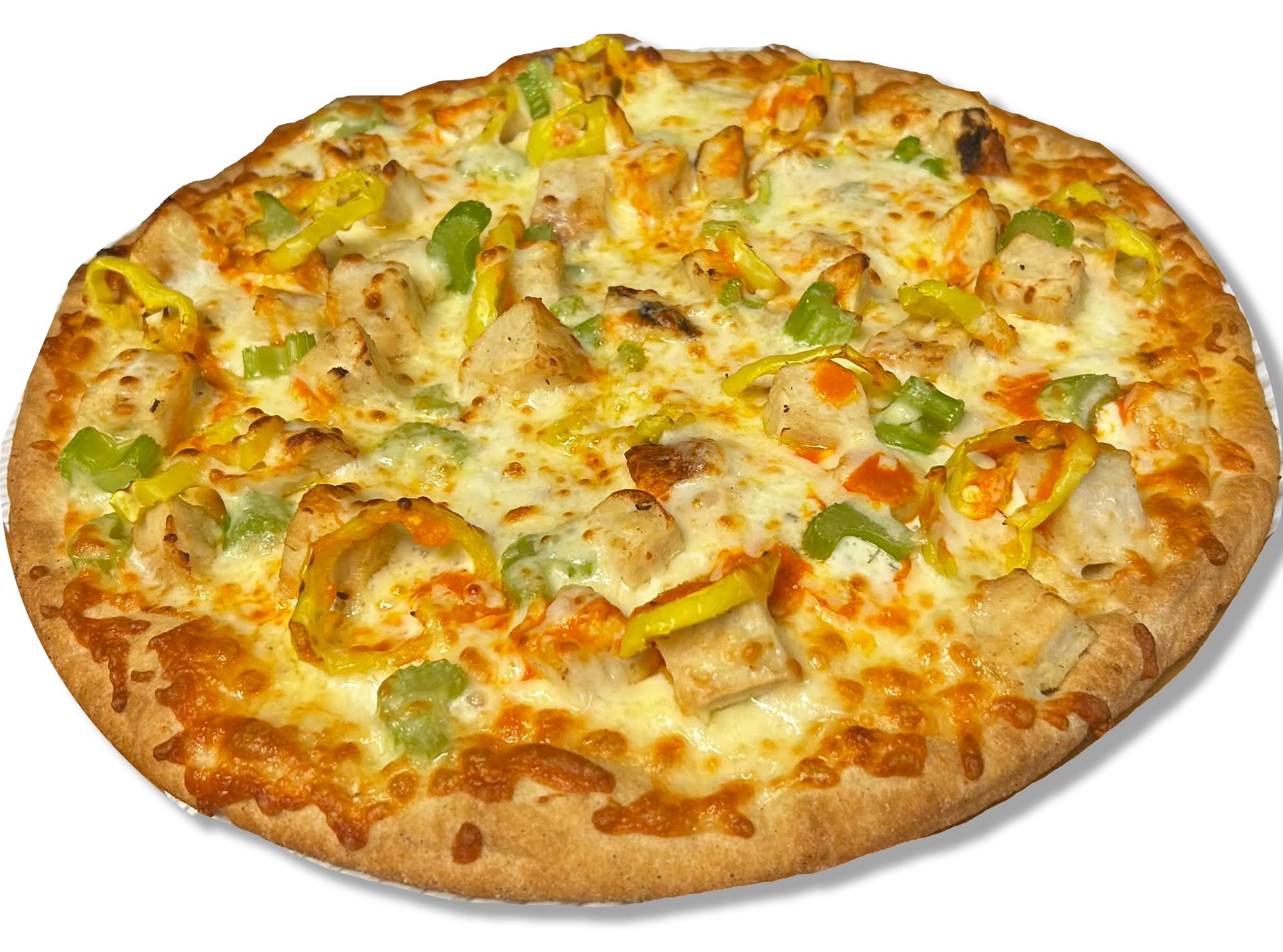 A pizza with cheese, chicken, green peppers, and yellow peppers on a golden crust.
