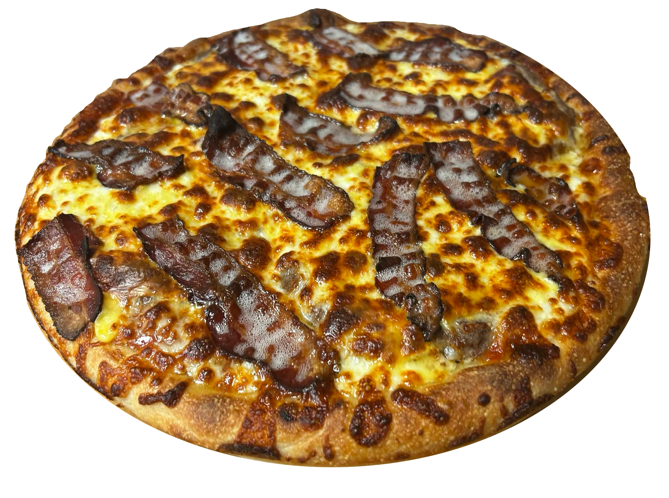 A close-up of a pepperoni and bacon pizza with melted cheese and a crispy crust.