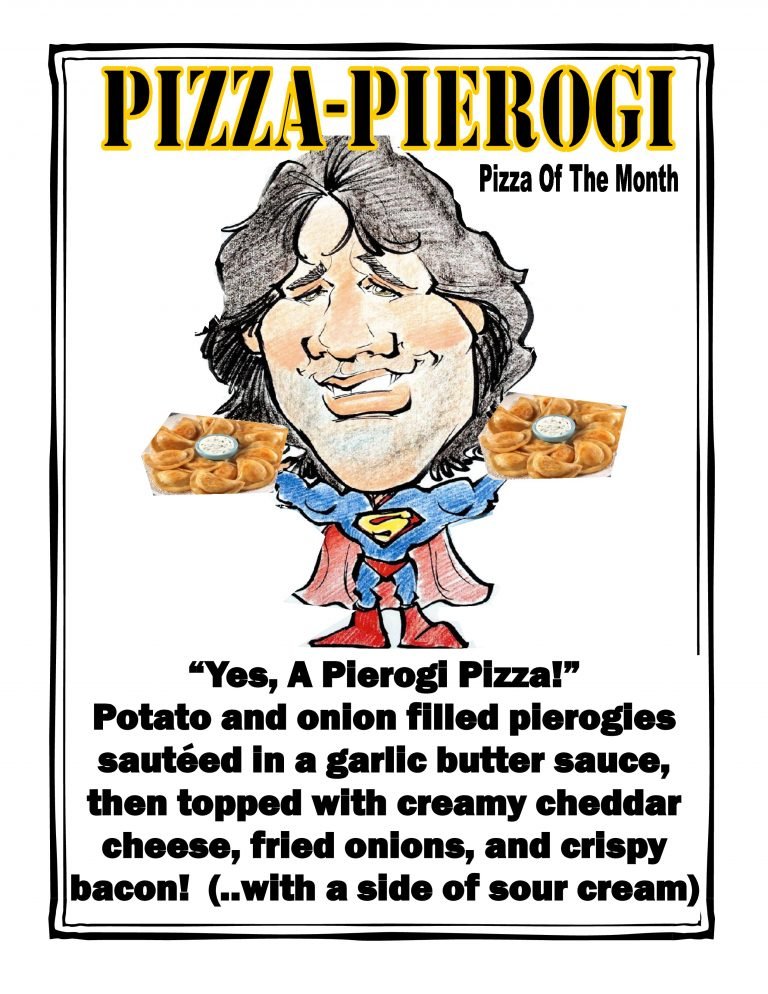 Illustration of a caricatured man dressed as Superman with an exaggerated facial expression, holding two potato and onion-filled pierogis topped with sour cream.