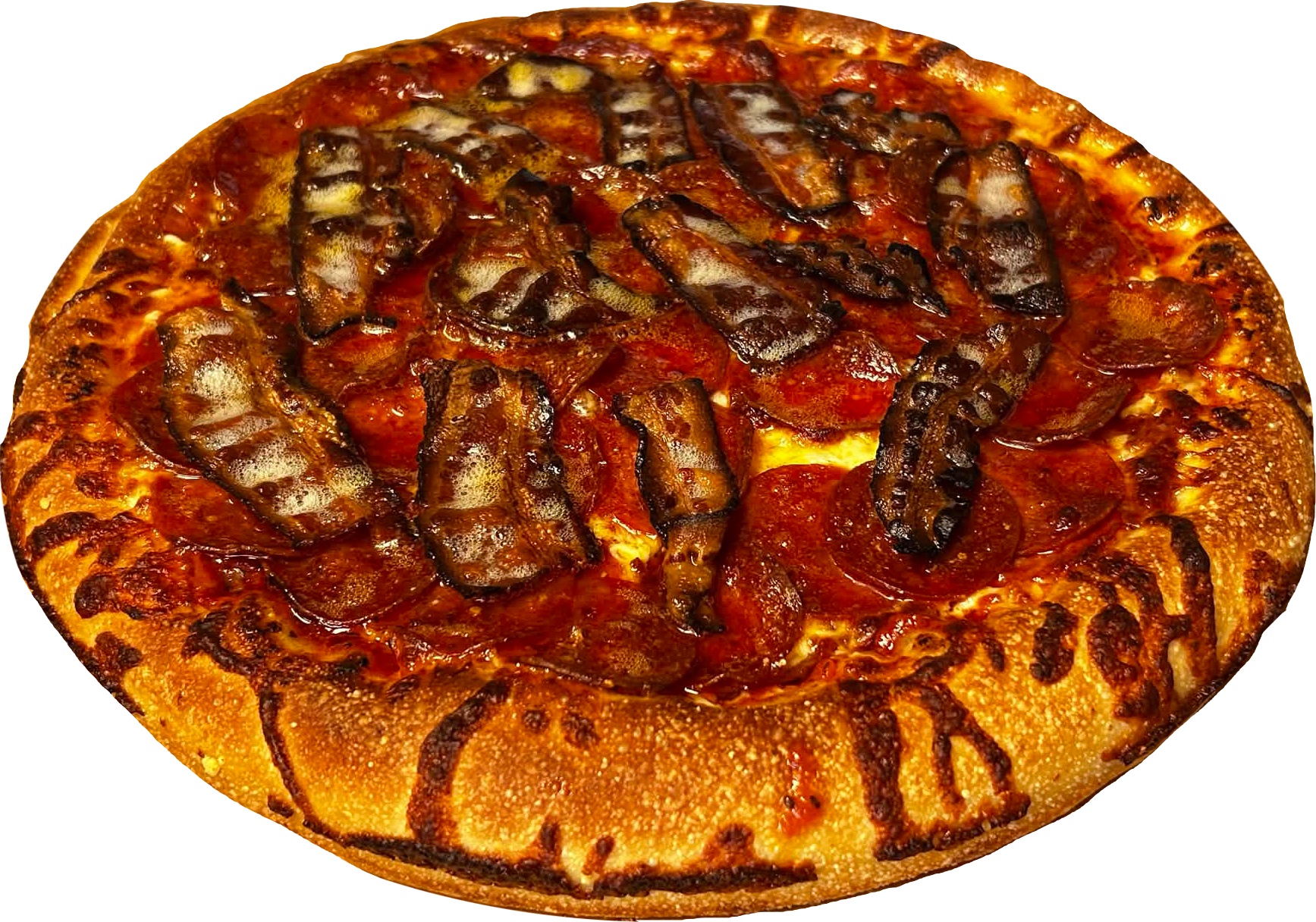 Close-up of a pepperoni and bacon pizza with a golden-brown crust.