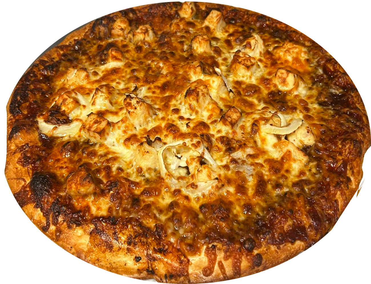 A close-up of a freshly baked pizza topped with cheese, chicken pieces, and onions.