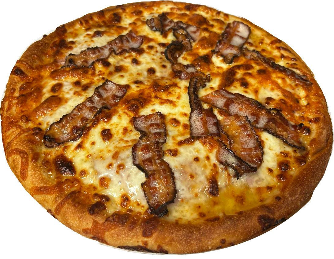 Bacon cheese pizza with a golden crust and melted cheese.