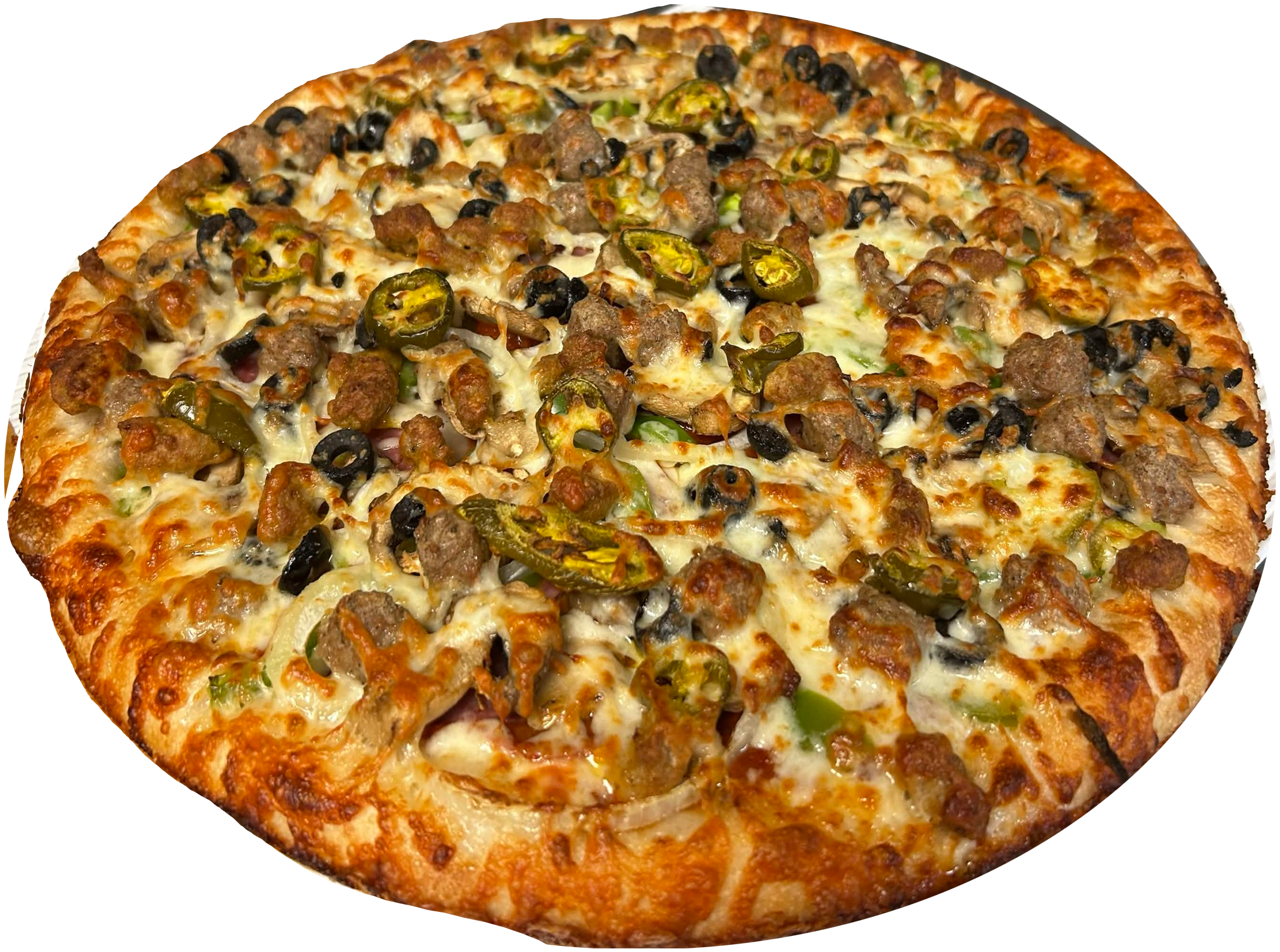 A close-up of a pizza with cheese, sausage, black olives, jalapeños, and green peppers.