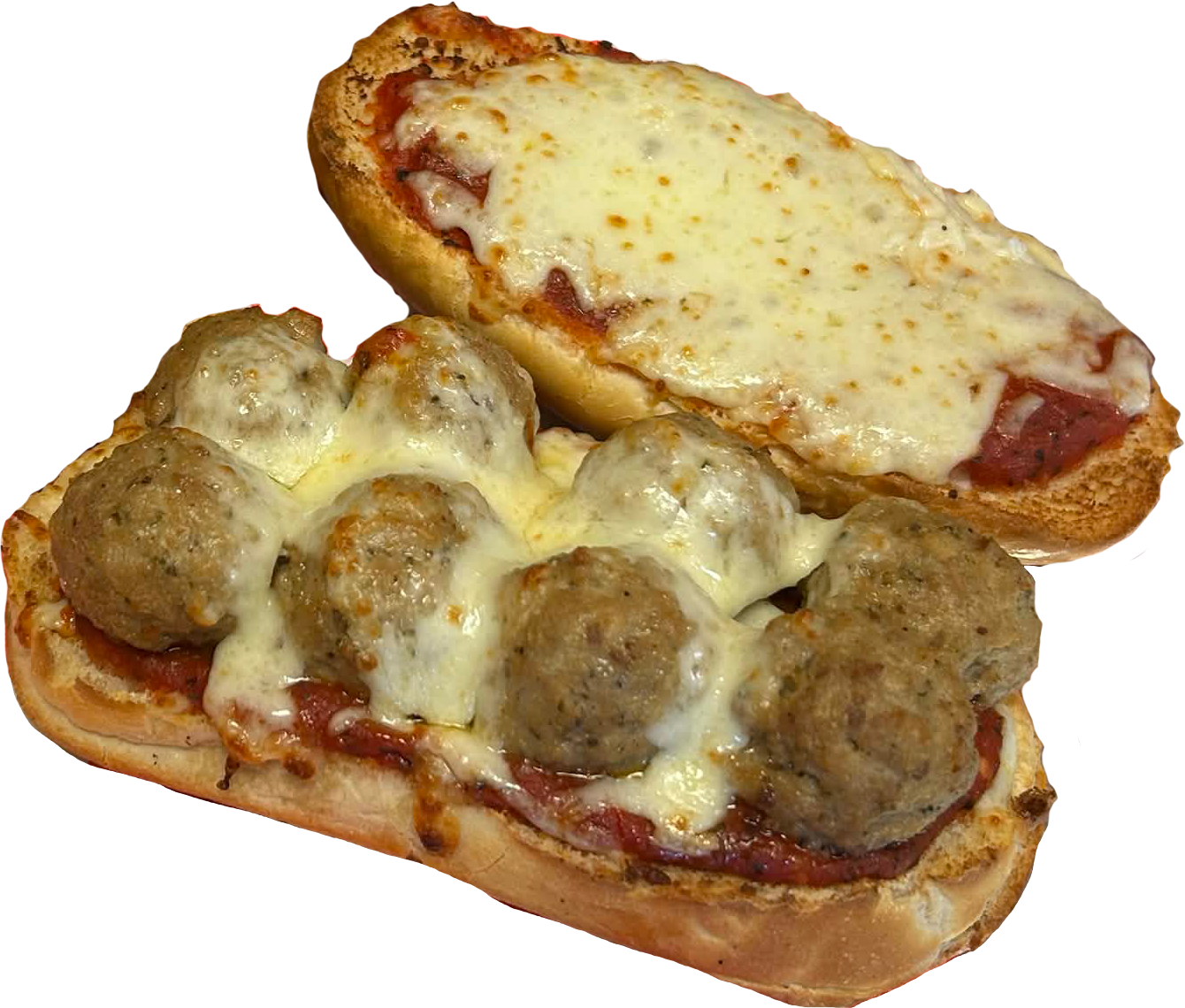 Two open-face sandwiches on hoagie rolls, one with melted cheese and tomato sauce, the other topped with meatballs and melted cheese.