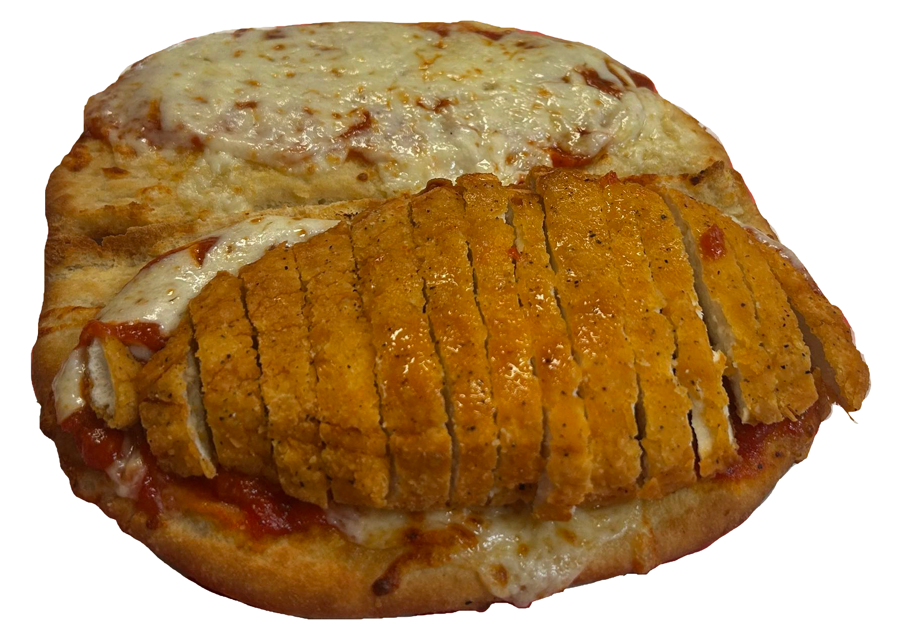 A slice of pepperoni pizza topped with melted cheese and a portion of fried chicken served on pizza bread.