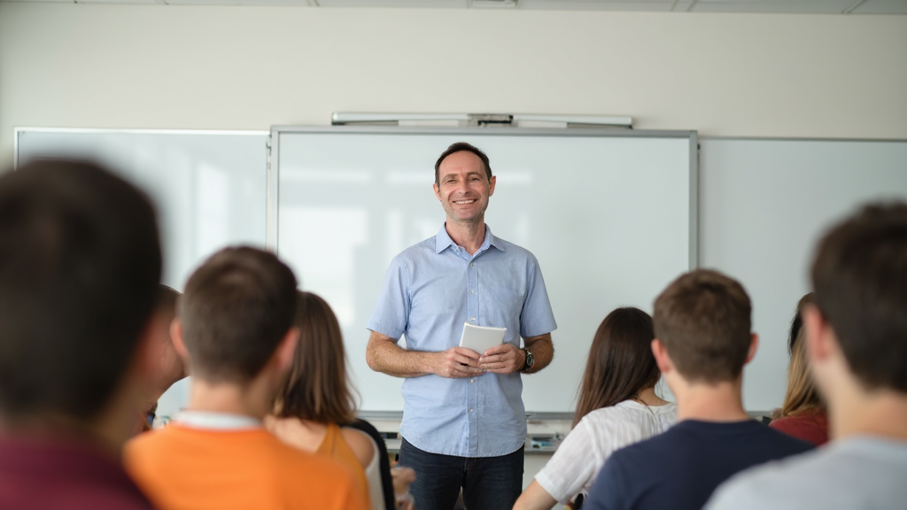 A male teacher smiling and holding a tablet in front of a classroom, with students sitting and listening.