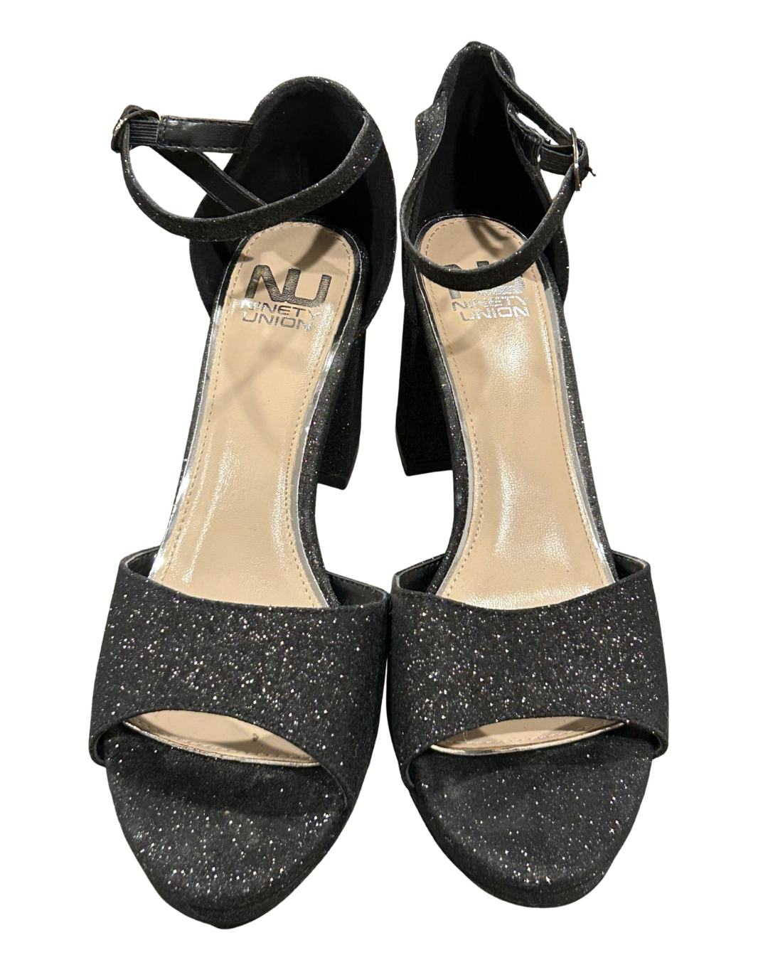 Glitz & Glam Black Glitter Block Heels  Size - 8