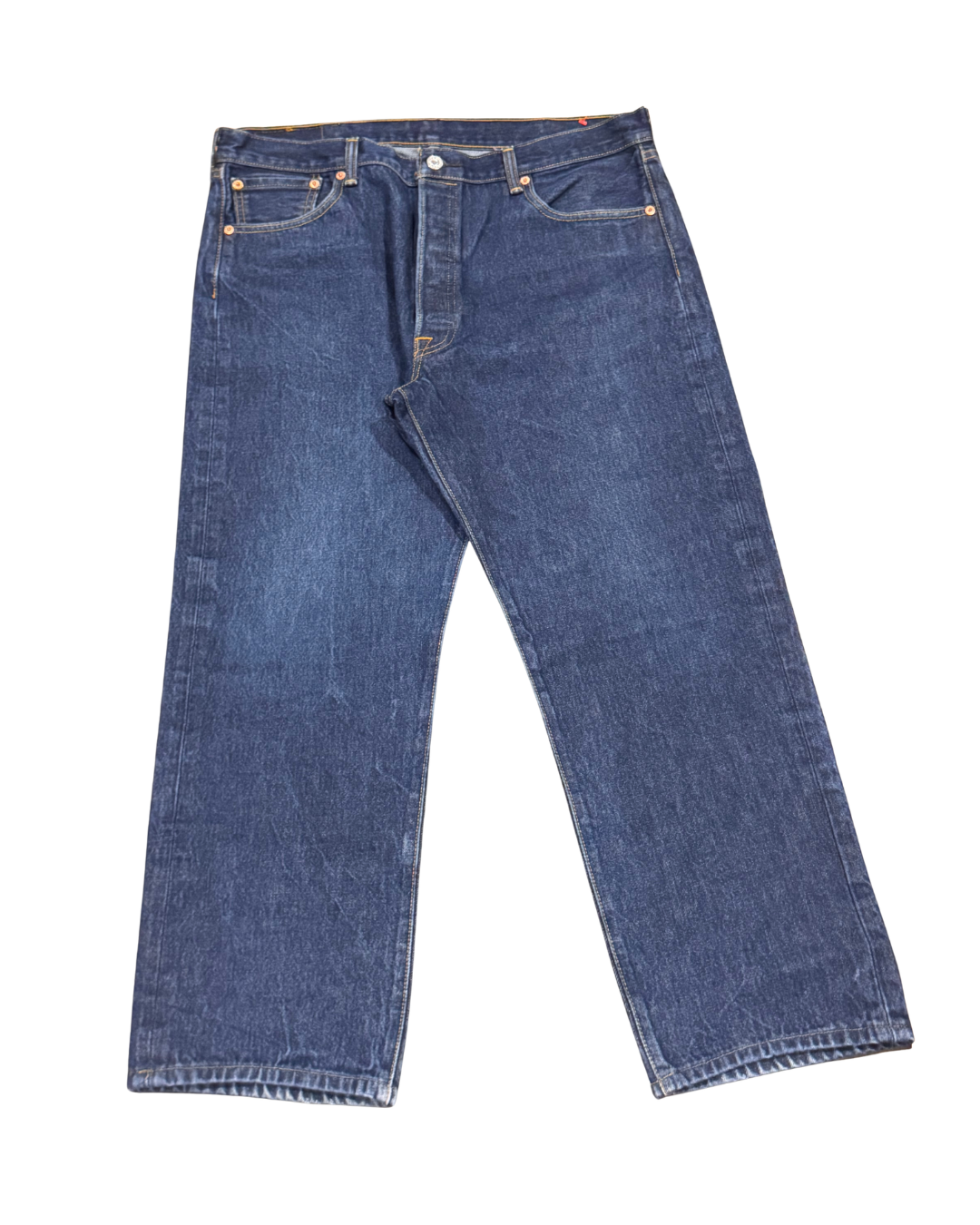 Blue denim Levi's 501 jeans featuring a classic button fly