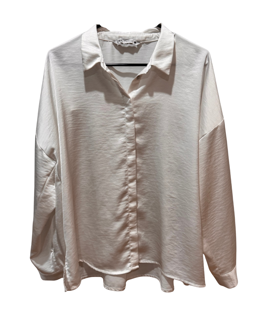 Zara Satin White Long-Sleeve Blouse Size - XL