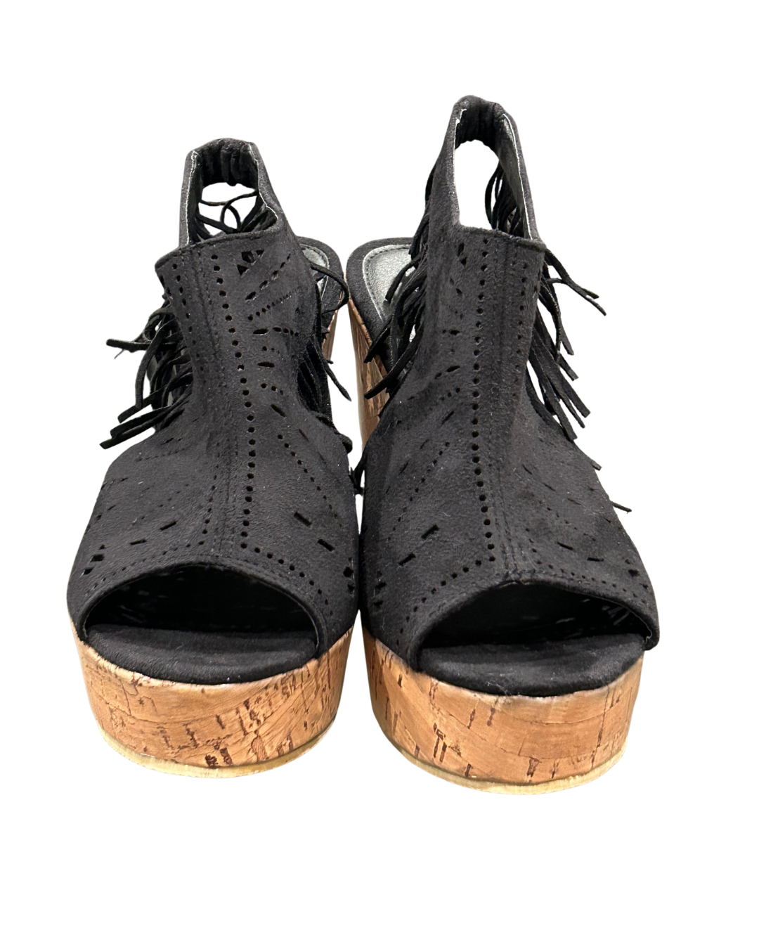 Chic Black Suede Cork Wedges Size - 8