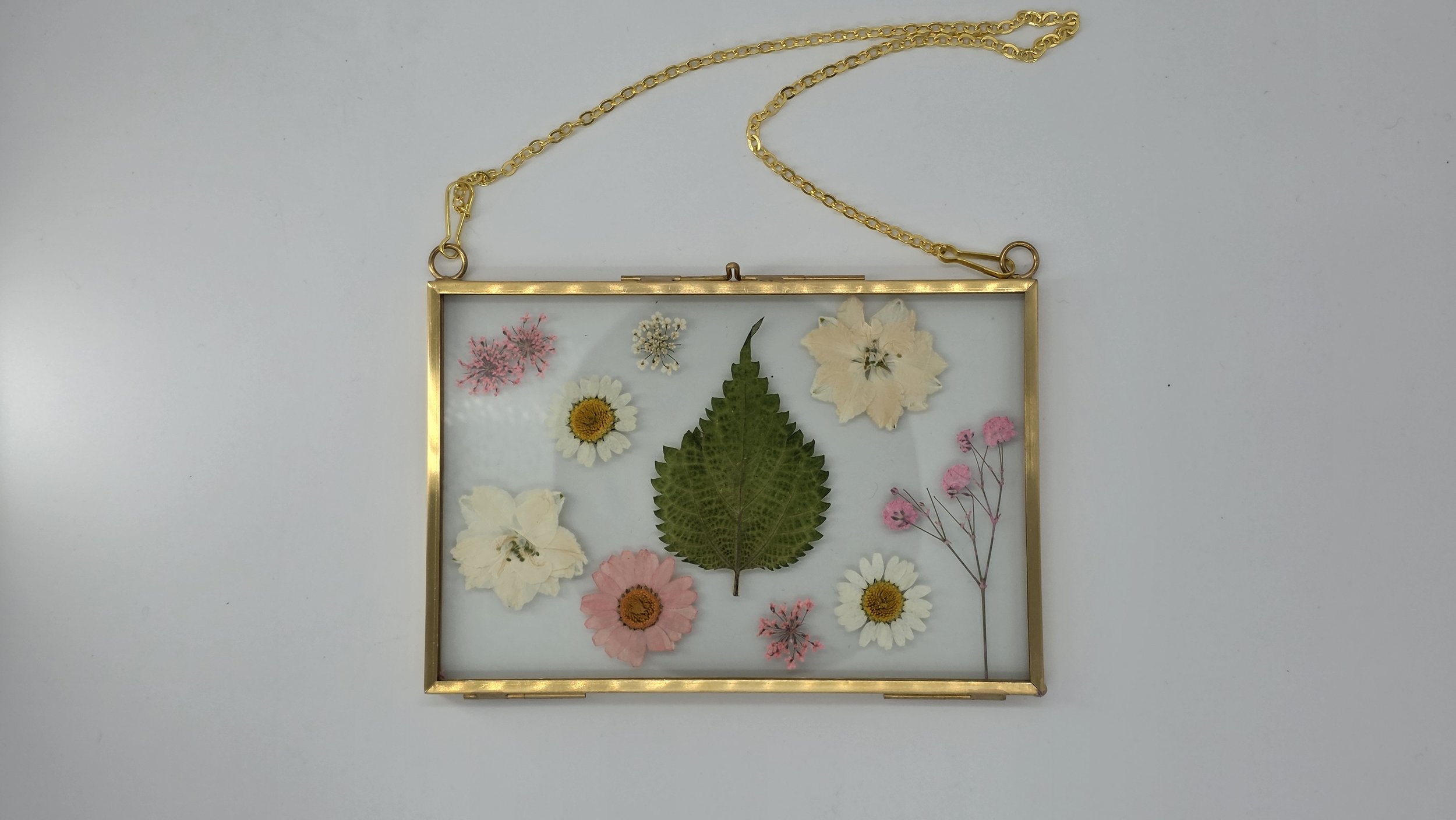A glass frame containing pressed flowers and leaves on a white background.