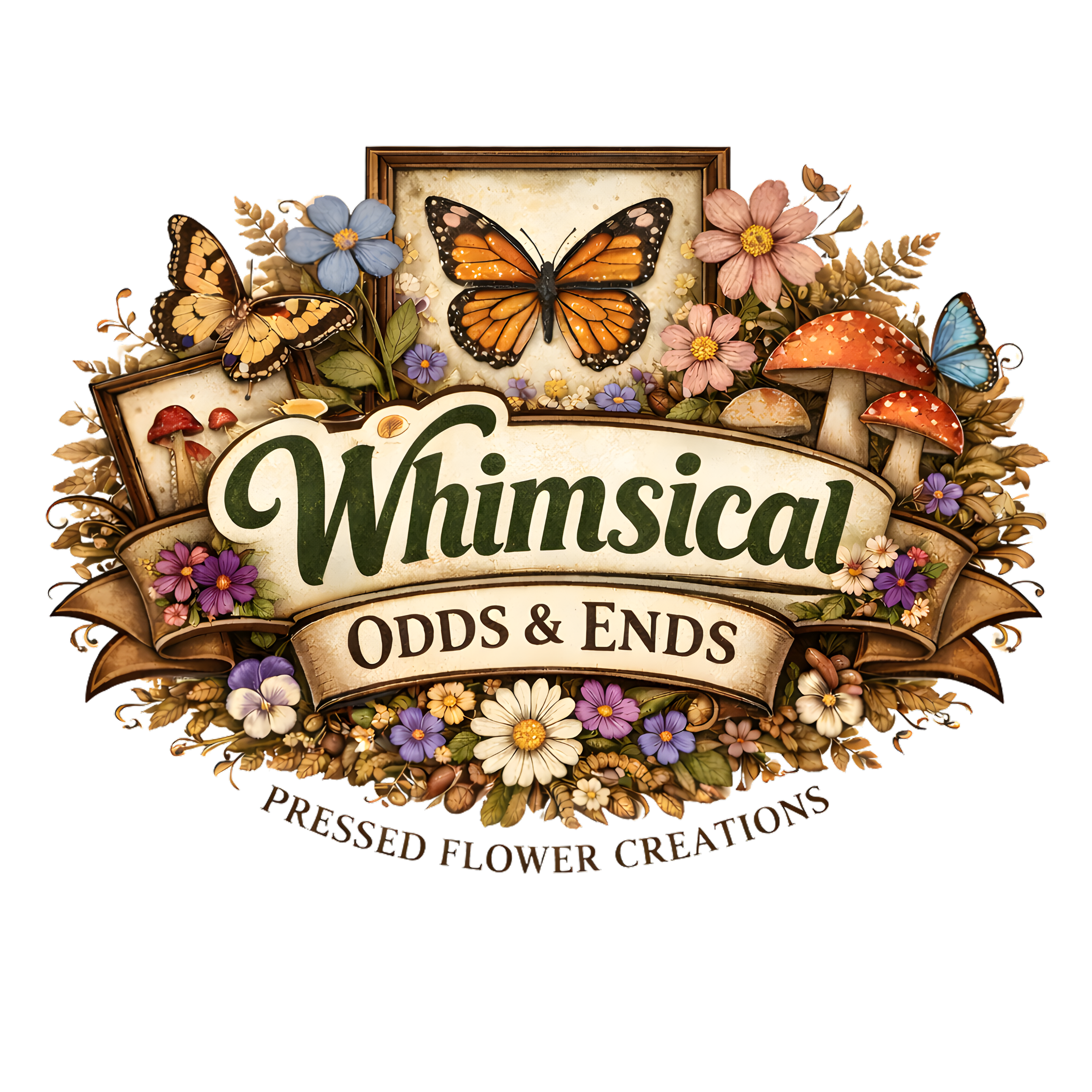 Decorative sign with butterflies, flowers, and mushrooms surrounding the text 'Whimsical Odds & Ends' at the top.