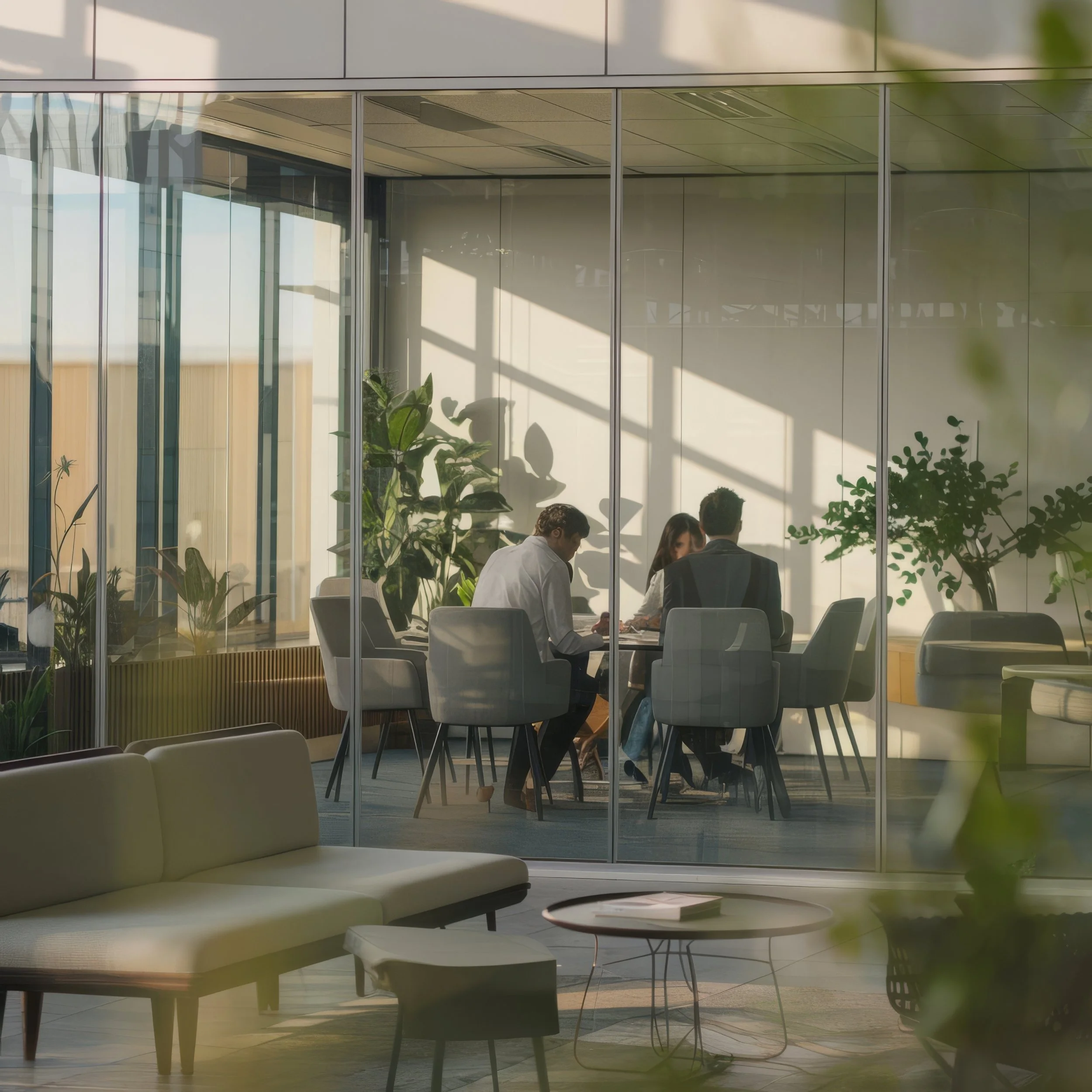 Modern office space with large glass windows, white furniture, and people working at a table with plants in the background.