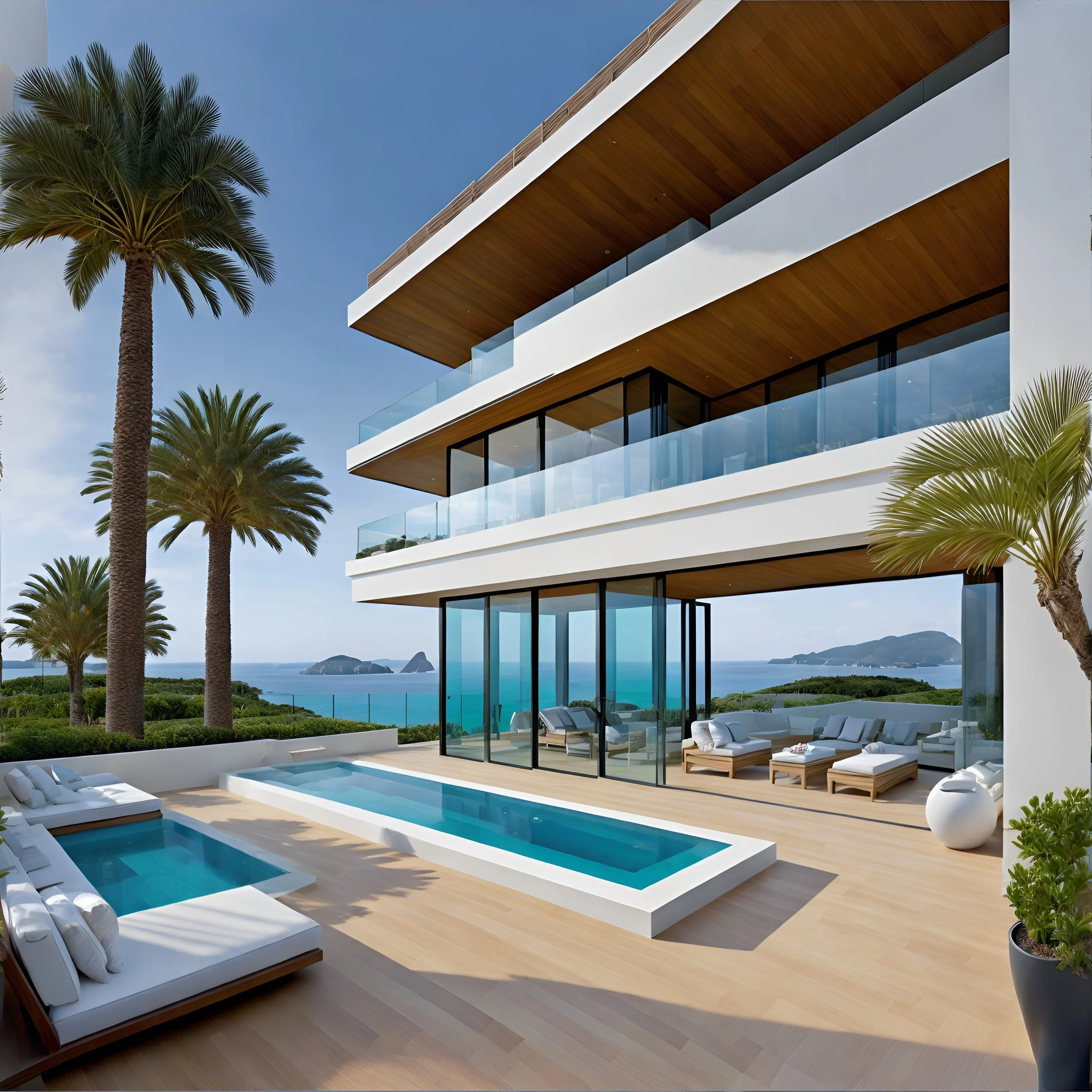 Modern multi-story white building with wooden balconies and large glass windows, surrounded by tall palm trees and an ocean view in the background.