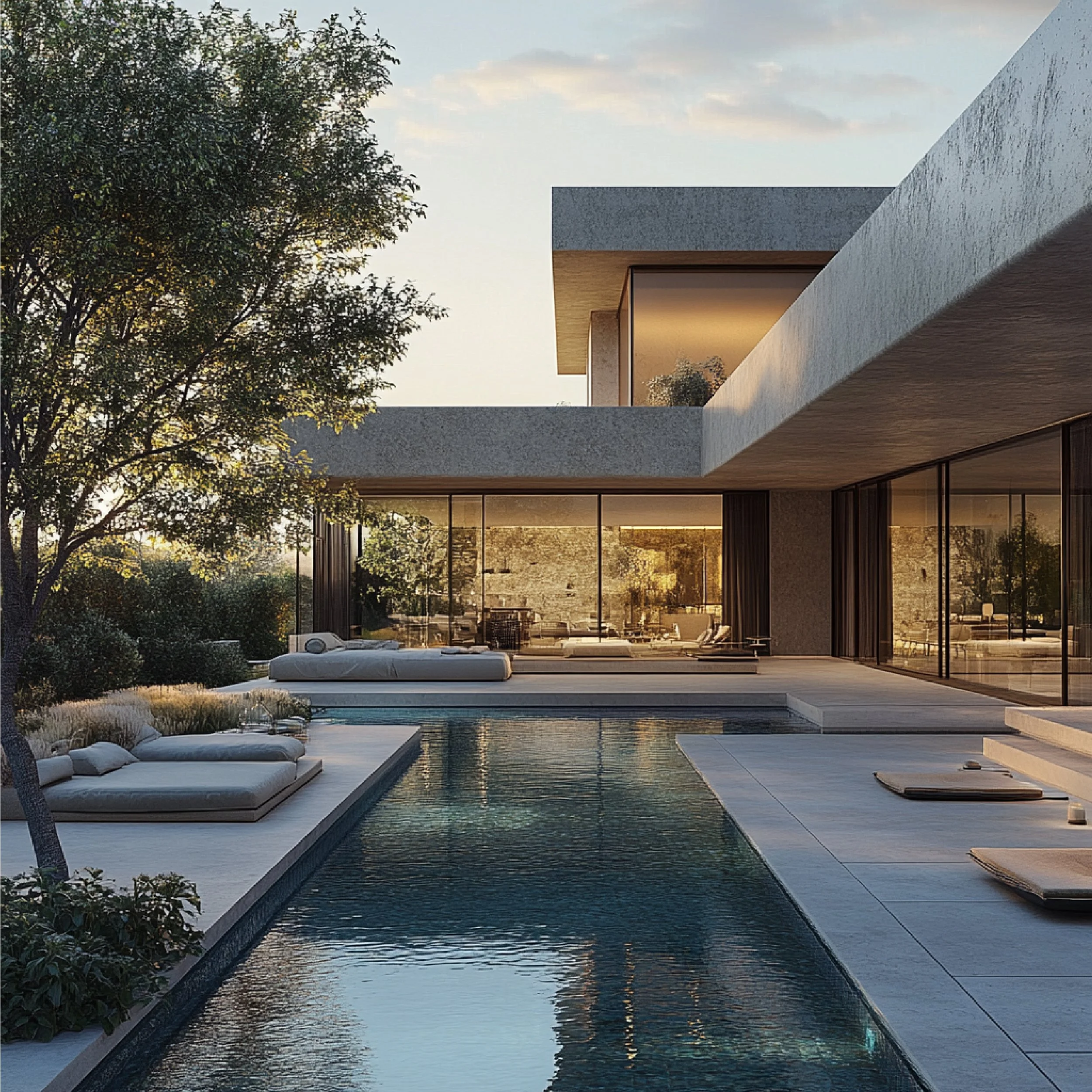 Modern house with large glass windows, exterior pool, surrounded by trees and greenery, during sunset.