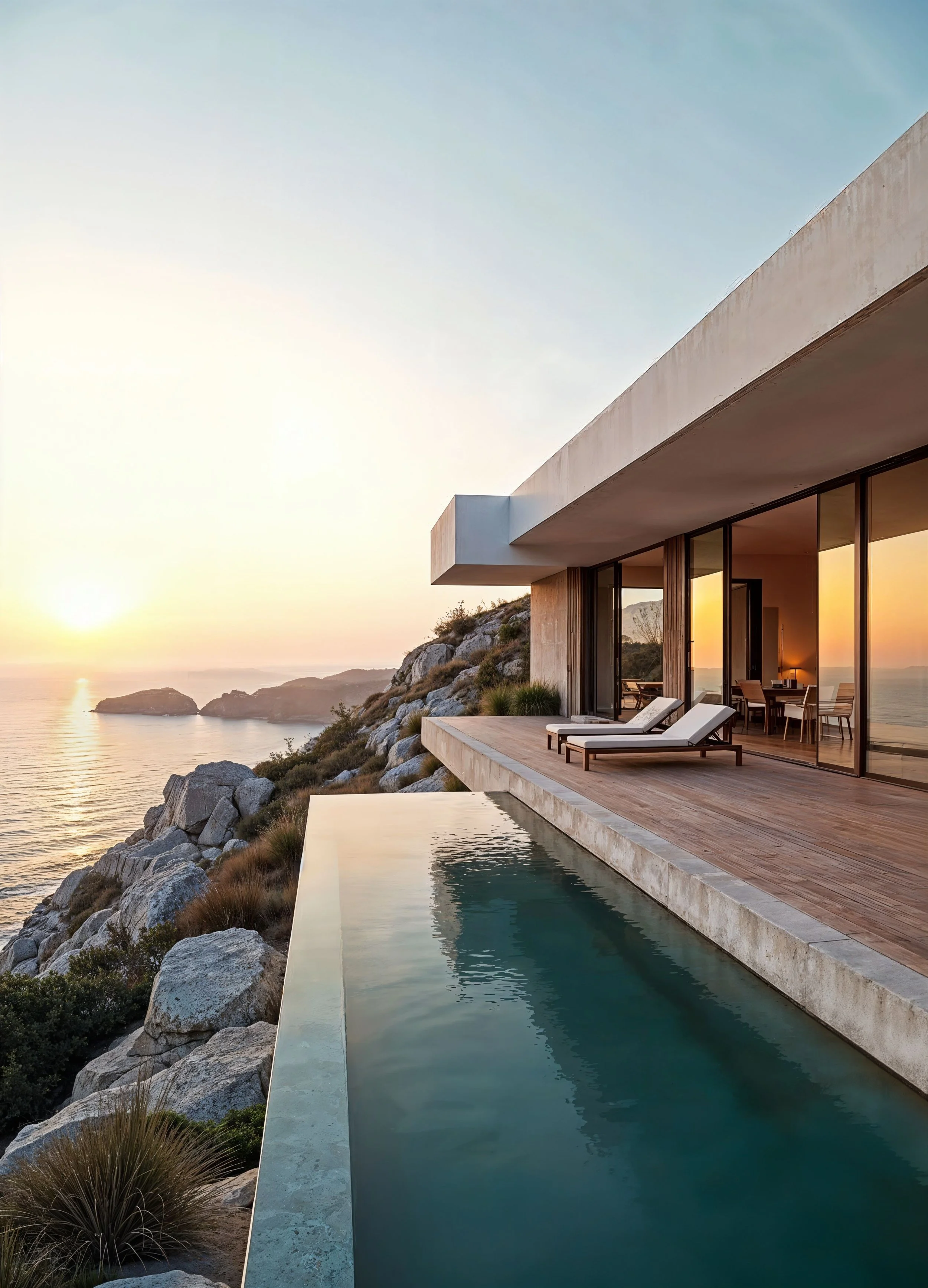 Modern house with large glass windows overlooking the ocean at sunset, with an outdoor patio, lounge chairs, and an infinity pool on a rocky hillside.