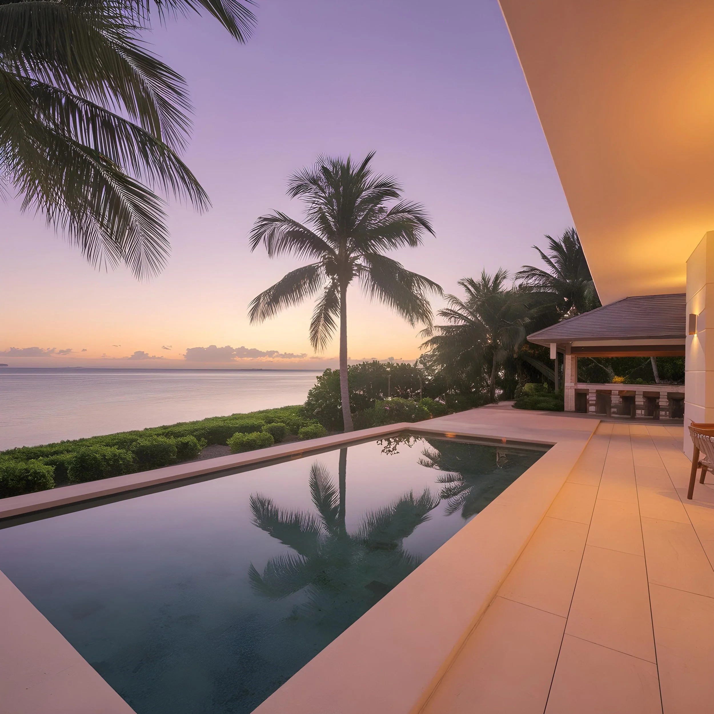 Palm trees silhouetted against a pastel purple and yellow sunset sky over the ocean, viewed from a balcony with tiled flooring and a modern building corner.