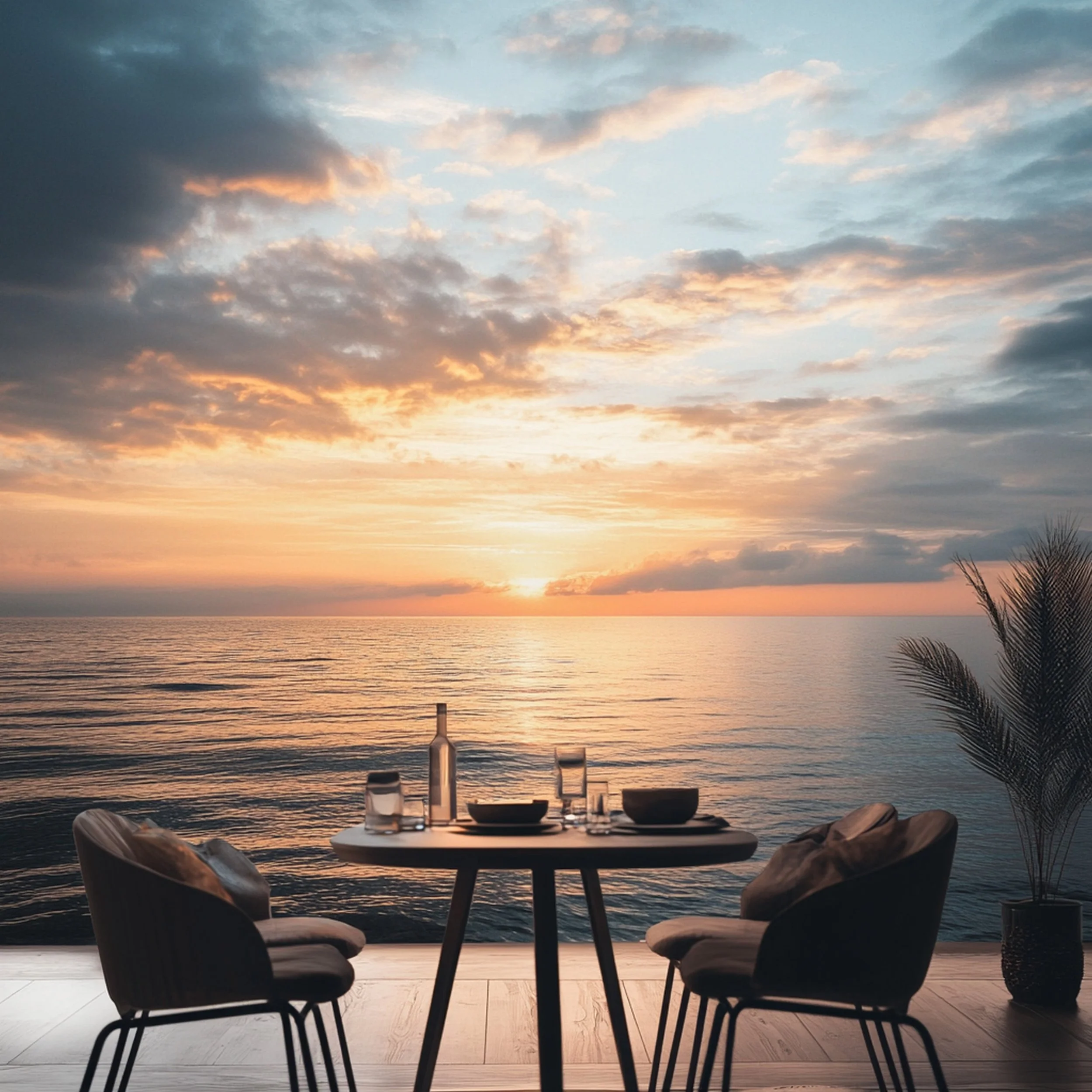 Indoor dining area with a round table and chairs, overlooking the ocean during sunset with colorful clouds.