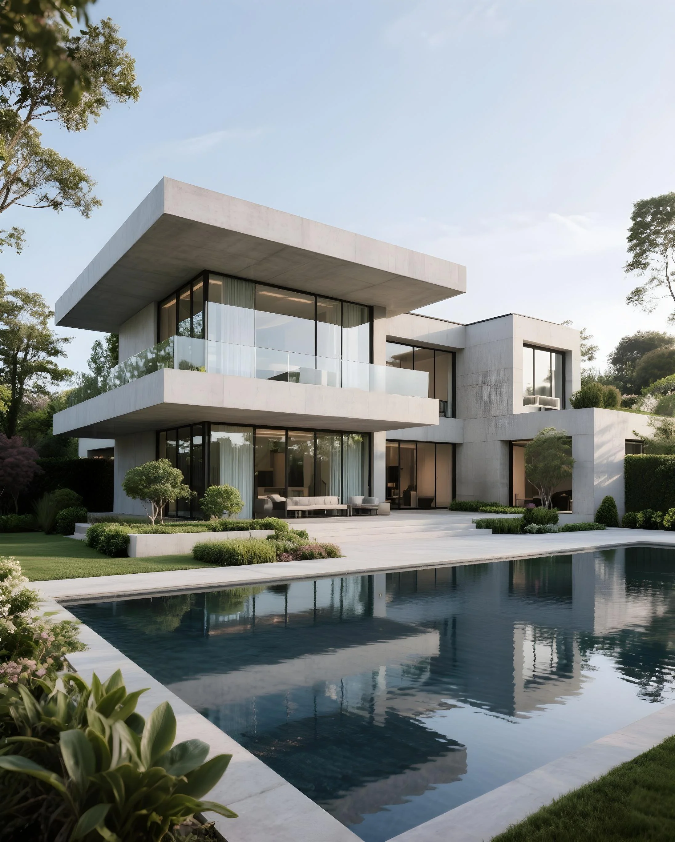Modern white multi-level house with large glass windows and balconies, surrounded by a landscaped garden with trees and bushes, beside a reflective swimming pool under a partly cloudy sky.