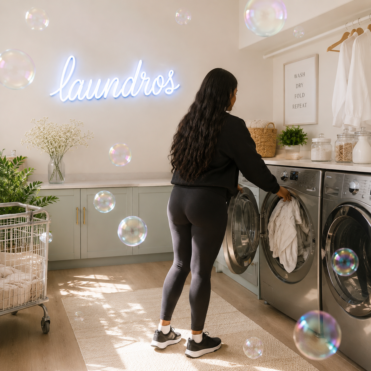 A woman doing laundry in Laudros HQ with a washer, dryer, laundry powder, capsules in jars on the counter. The room has light-colored cabinetry, plants, and a sign with laundry instructions, with colorful soap bubbles floating in the air.