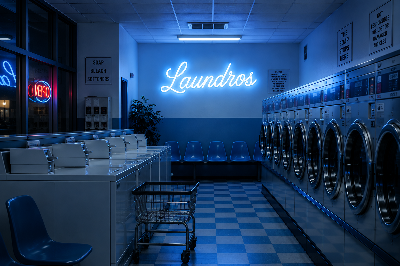 Empty laundromat with washing machines on the right, card payment stations on the left, blue chairs along the back wall, and a bright neon sign that says 'Laundros' in the center of the back wall.