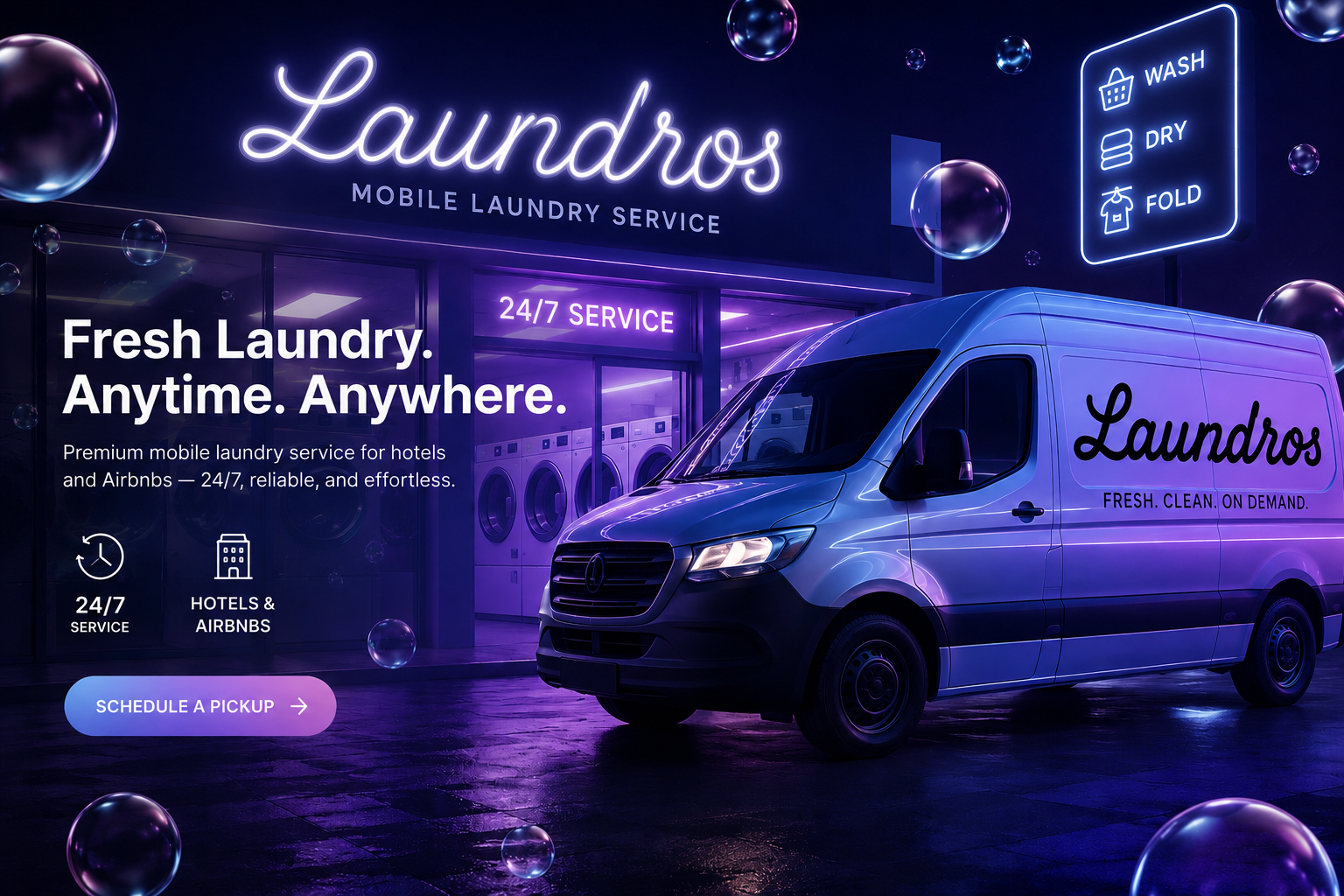 A neon-lit sign outside a laundry service store at night, with a delivery van parked in front. The sign advertises 'Laundros' mobile laundry service, 24/7 service, with services for hotels and Airbnbs, including wash, dry, and fold options. The van also displays the 'Laundros' logo and services on its side, with a background of solids and bubbles.