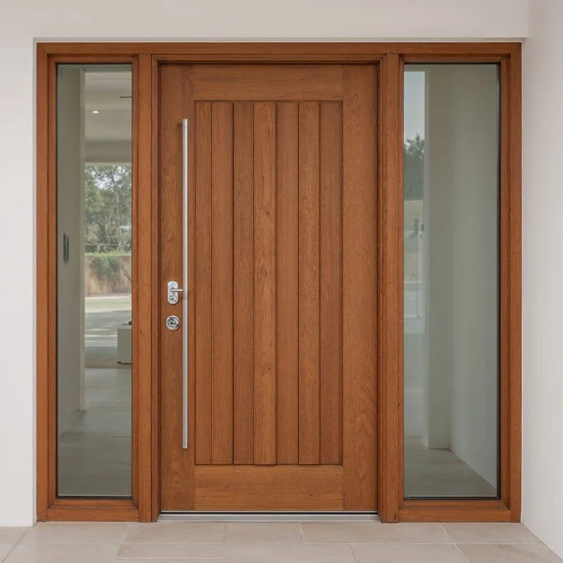 A modern wooden front door with vertical panels, flanked by two glass sidelight windows, in a home interior.