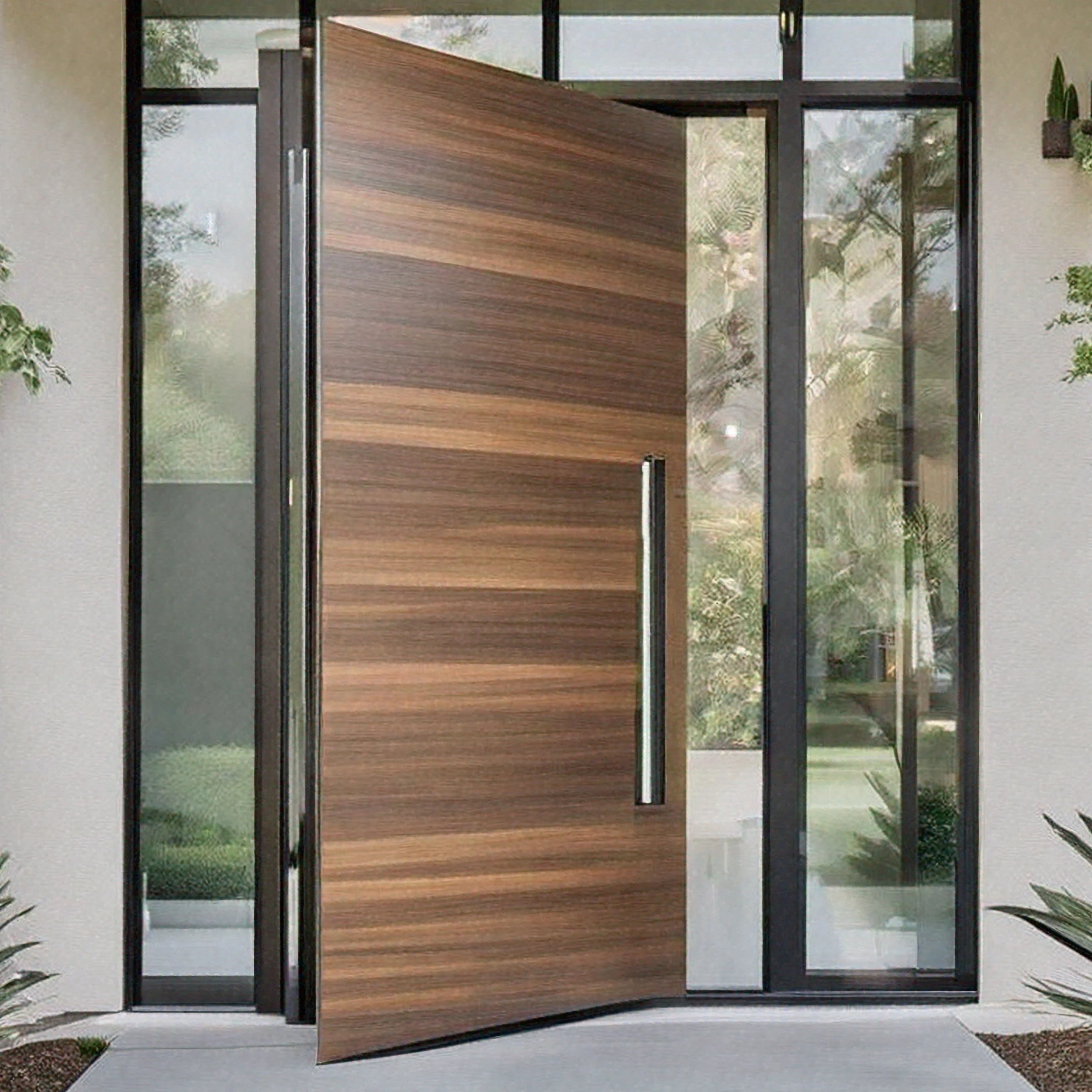 Modern front door with wooden finish, black handle, and glass side panels, in a contemporary house exterior.