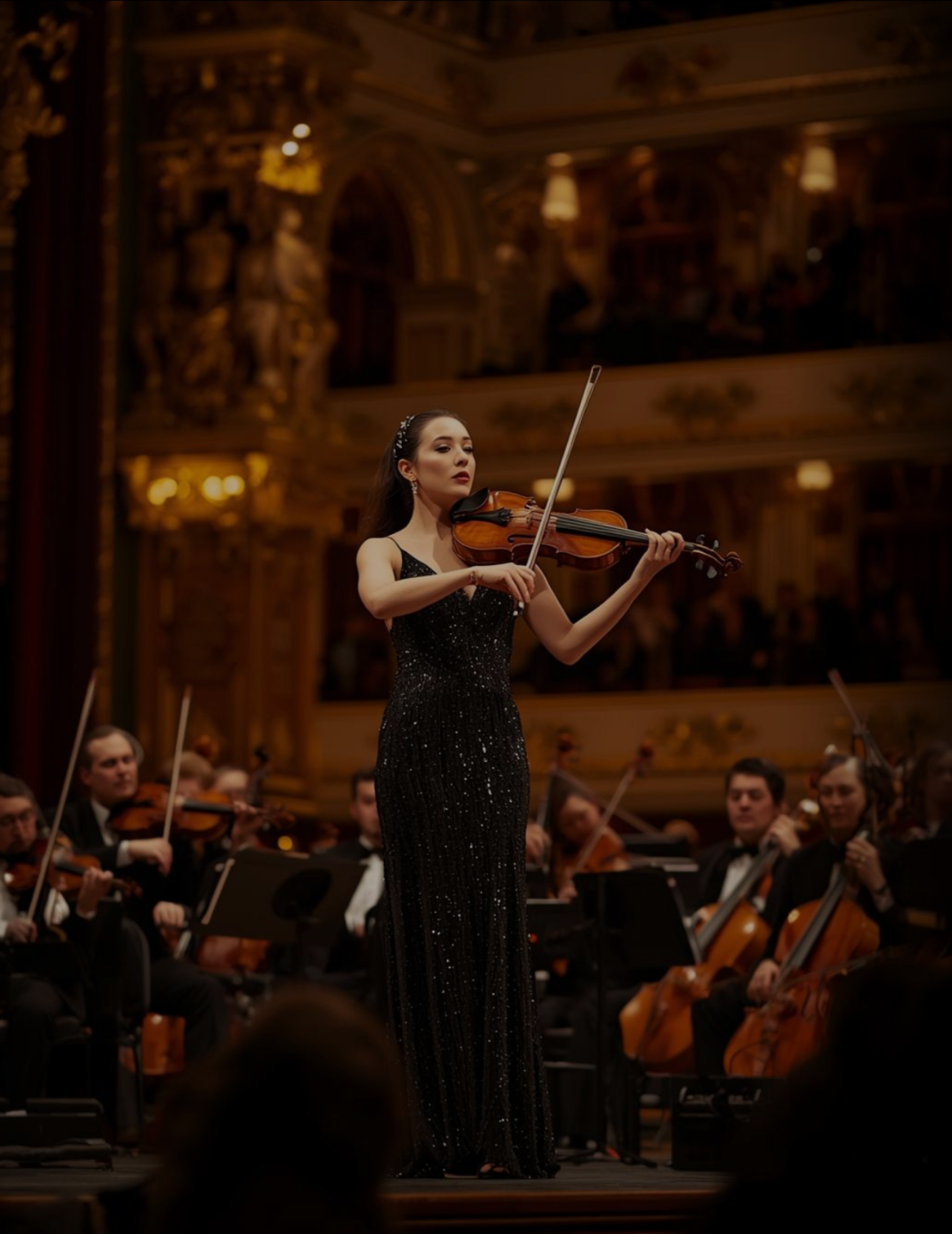 A woman in a black, sparkly gown playing the violin on stage with an orchestra in the background at a concert hall.